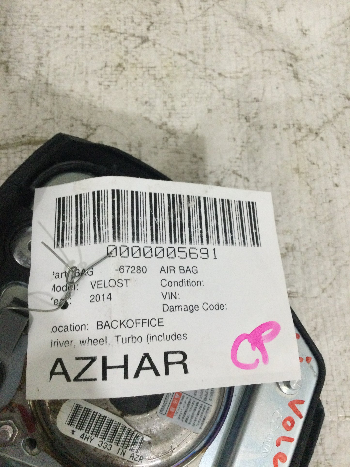 2014 HYUNDAI VELOSTER DRIVER WHEEL AIRBAG