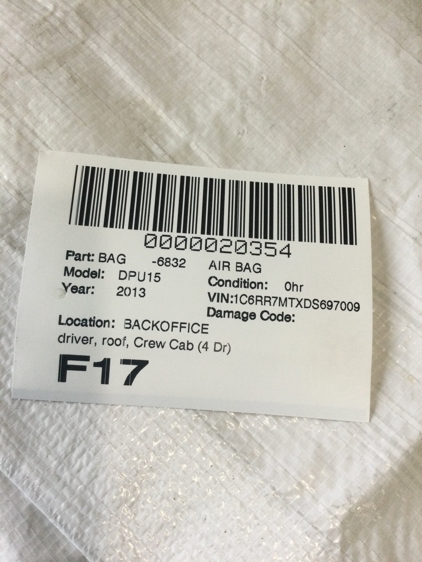 Dodge 1500 Crew Cab 5.7 Hemi V8 Roof curtain airbag, left 52029427AH