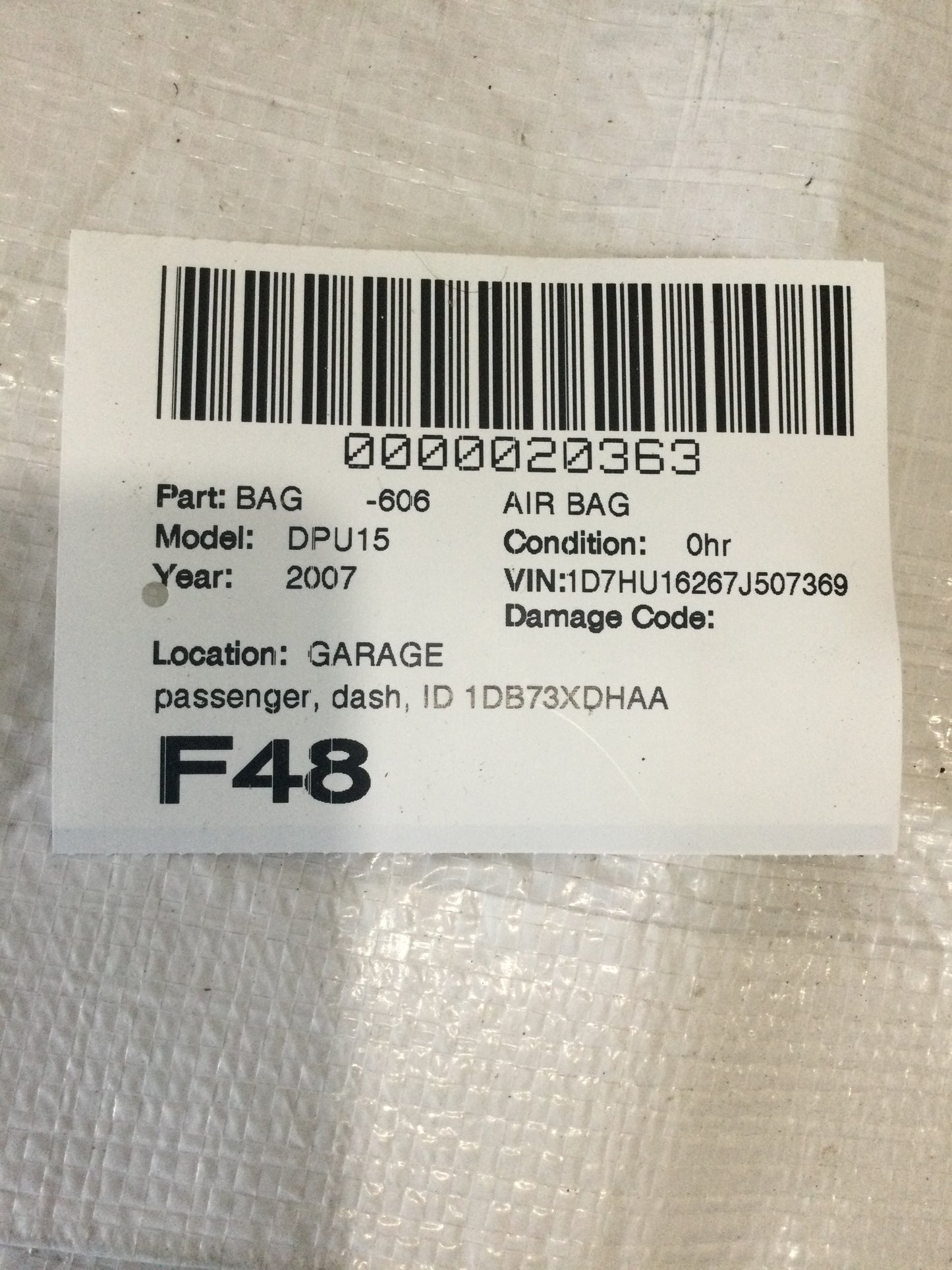 Airbag Air Bag Passenger Dash ID 1DB73XDHAA Fits 06-08 DODGE 1500 PICKUP