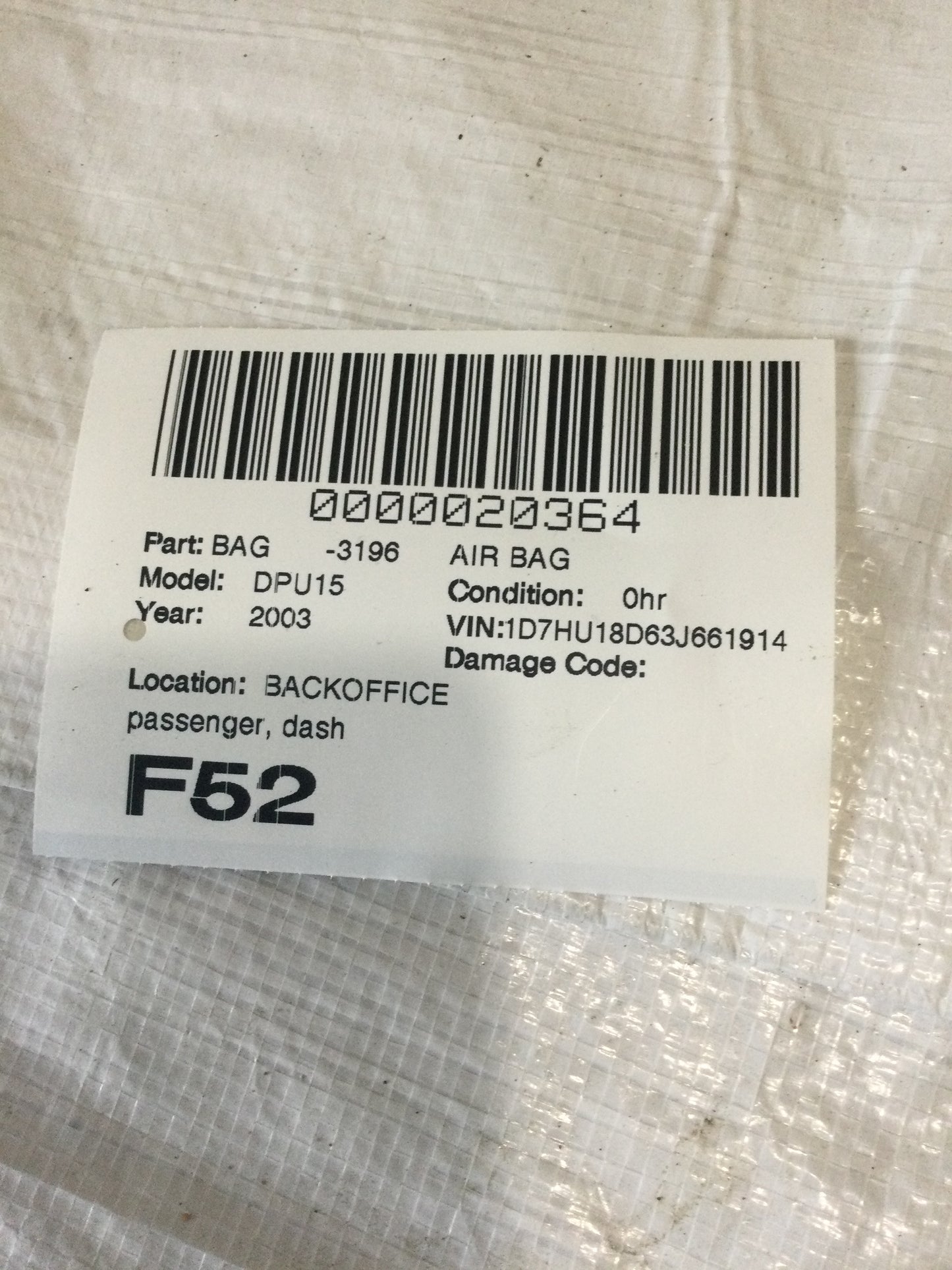 02-05 Dodge RAM OEM MOPAR RH Dash Bag Assembly P5GR78XDVAE