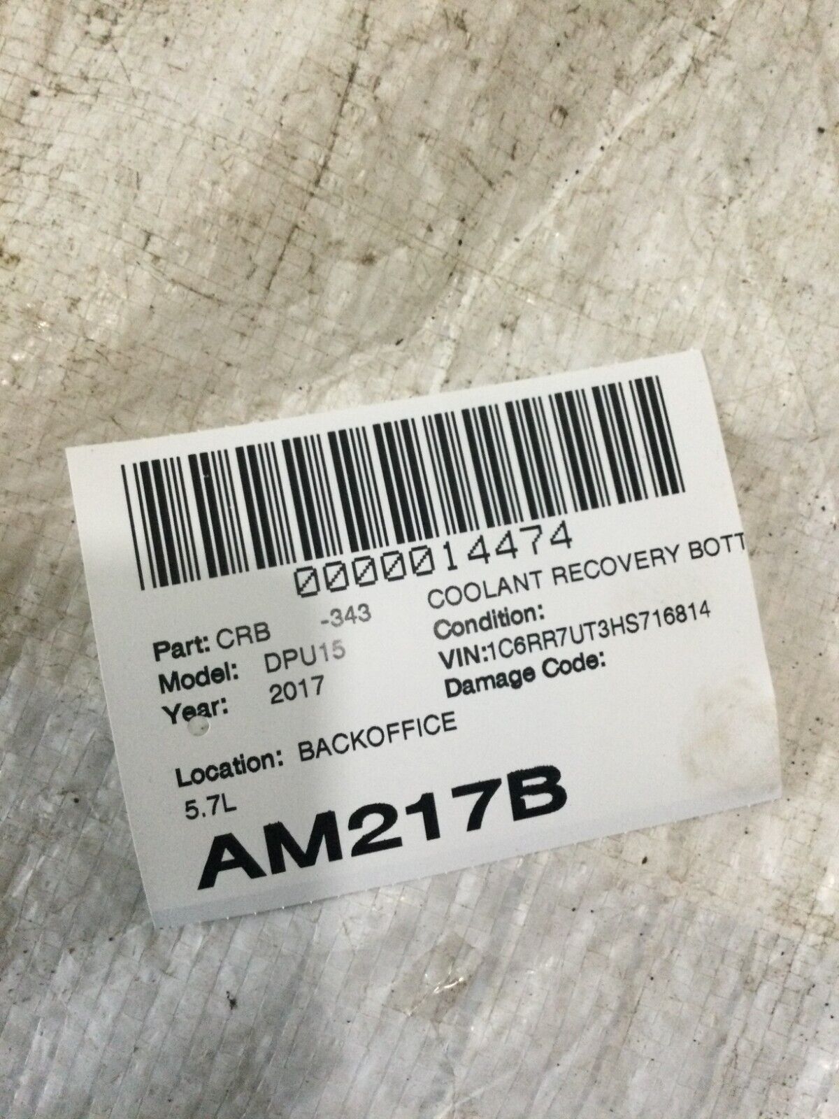 2017 Dodge Ram 1500 Coolant Reservoir Overflow Bottle OEM 5.7L 1002405AH