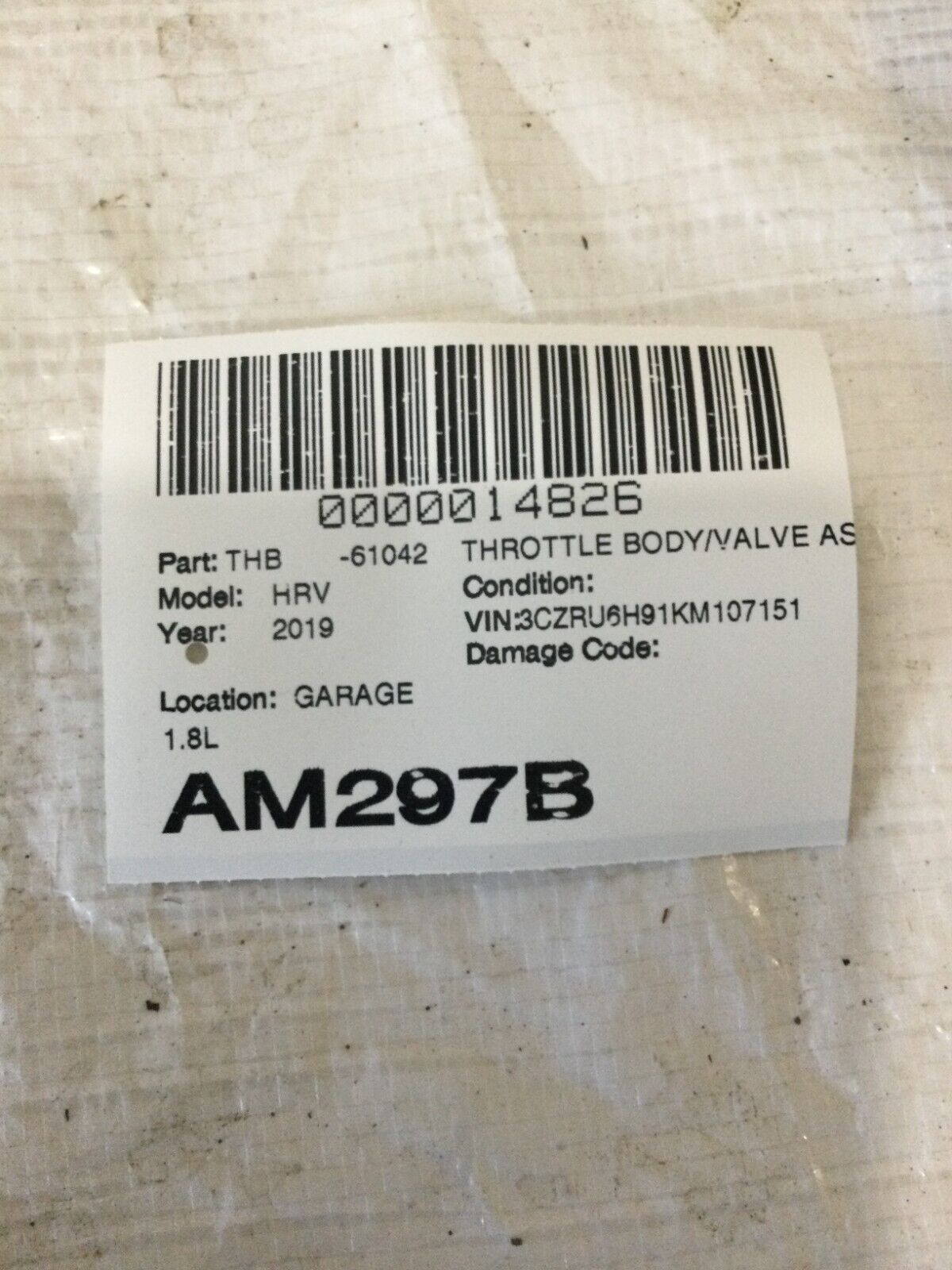 2019 Honda HR-V  Throttle Body  Valve Assembly  1.8L OEM