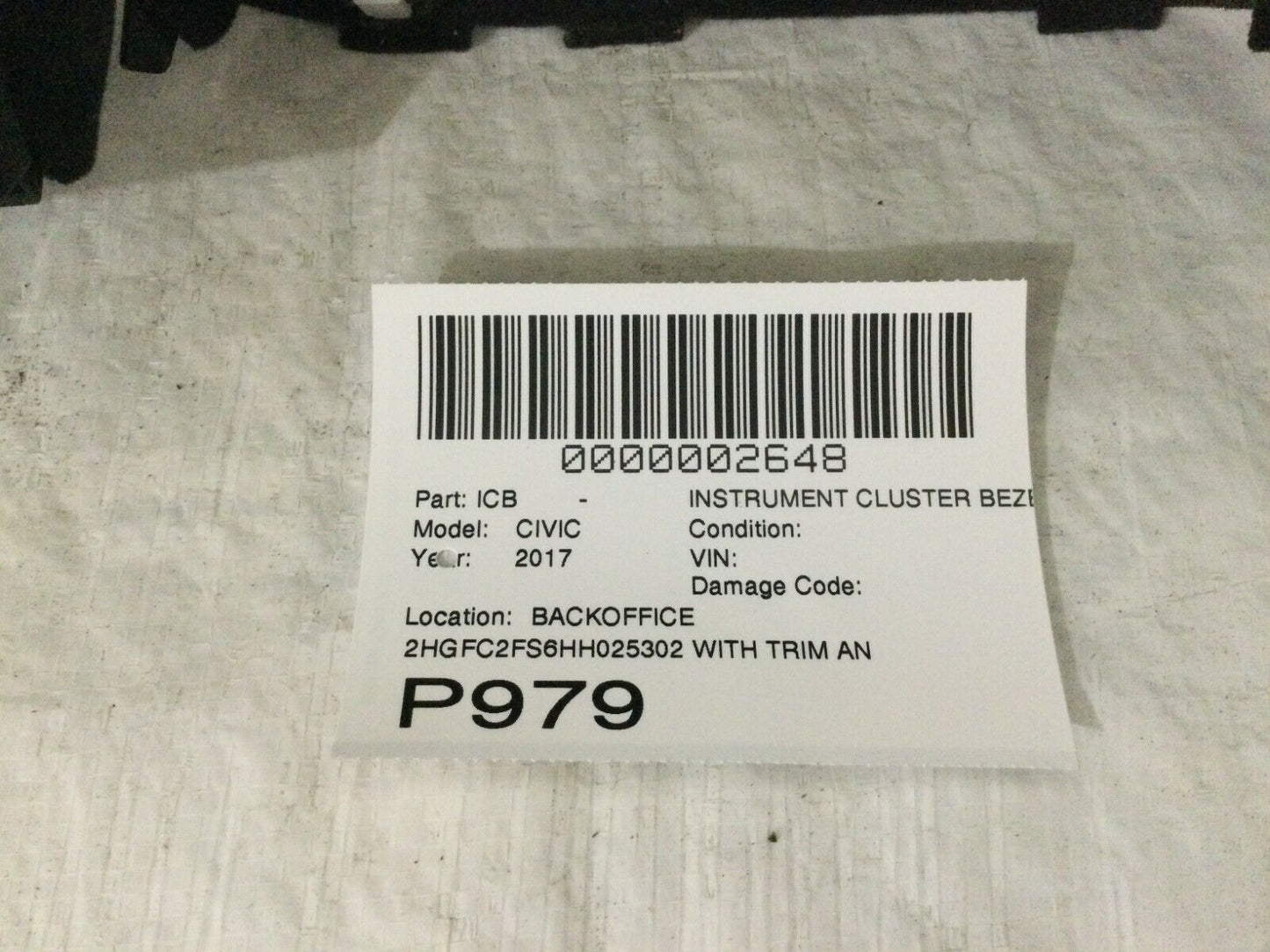 2016-2019 Honda Civic Center Dash Speedometer Trim W/ Air Vent OEM