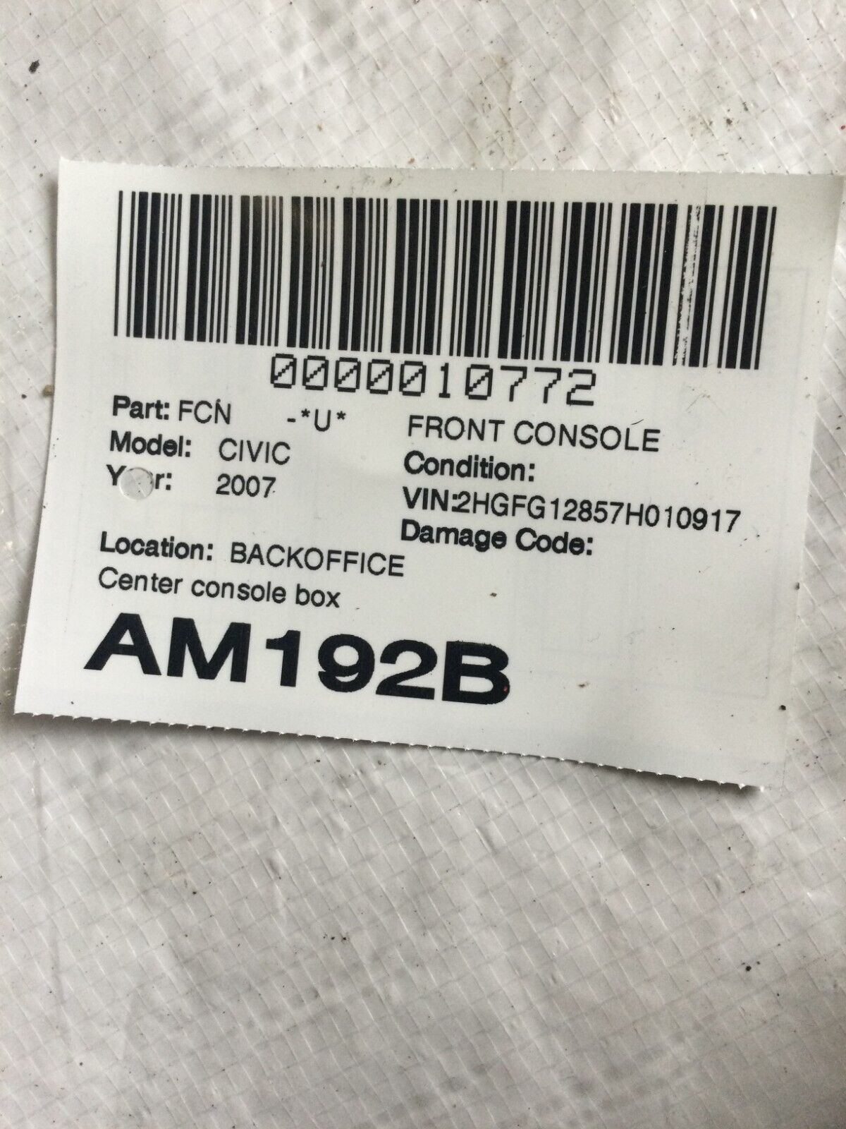 2007 Honda Civic Front Center Console W/ Arm Rest OEM ( Damaged Console )