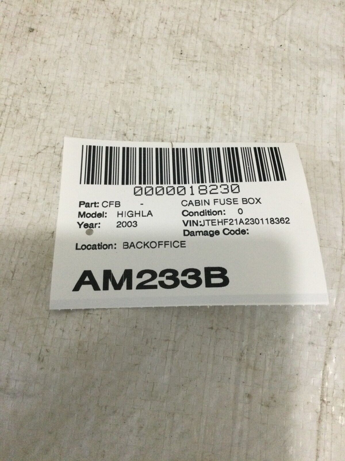 2003 Toyota Highlander  Fuse Box Relay  Module OEM