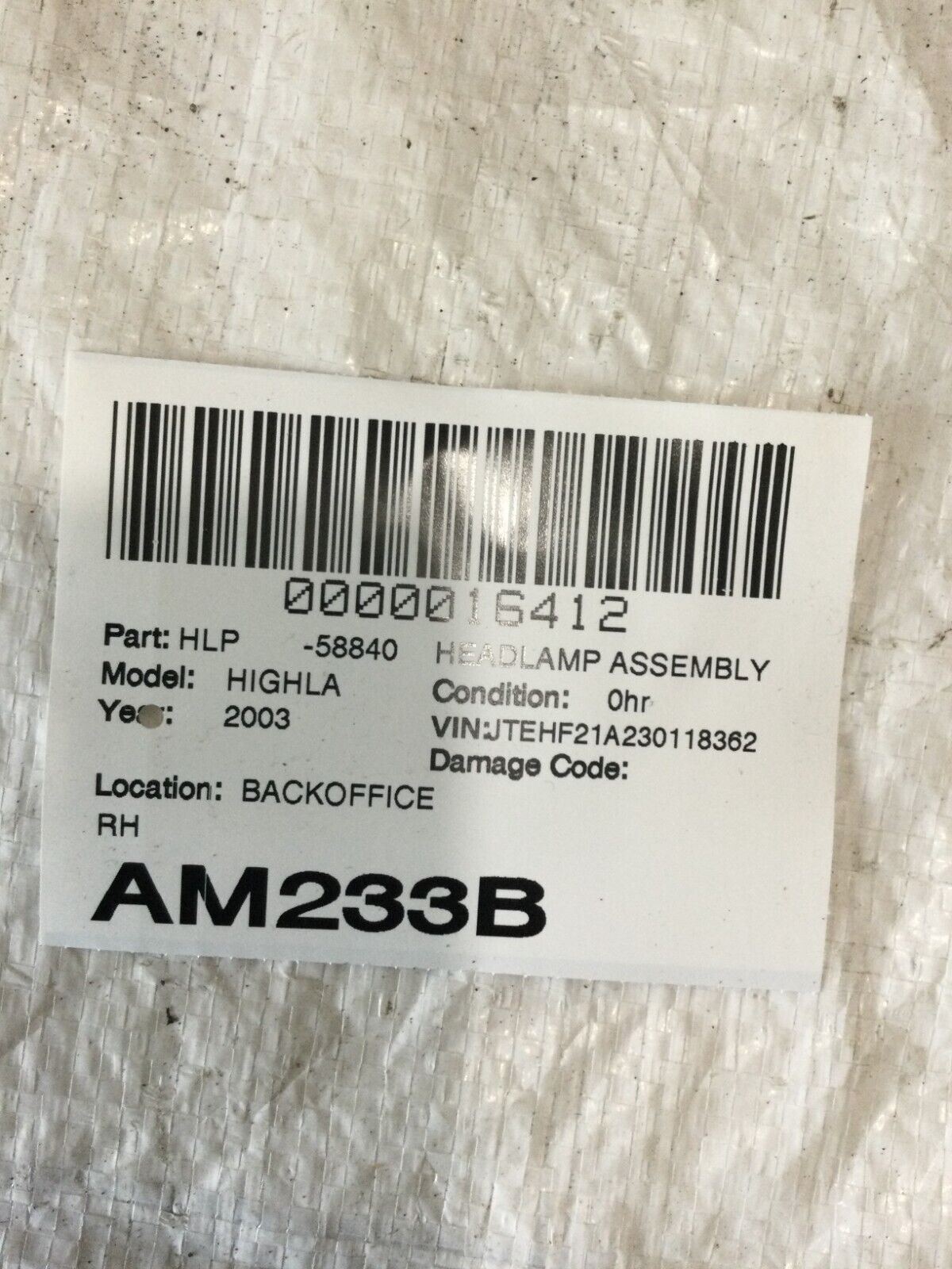 2003 Toyota Highlander Headlight Assembly Right Passenger OEM