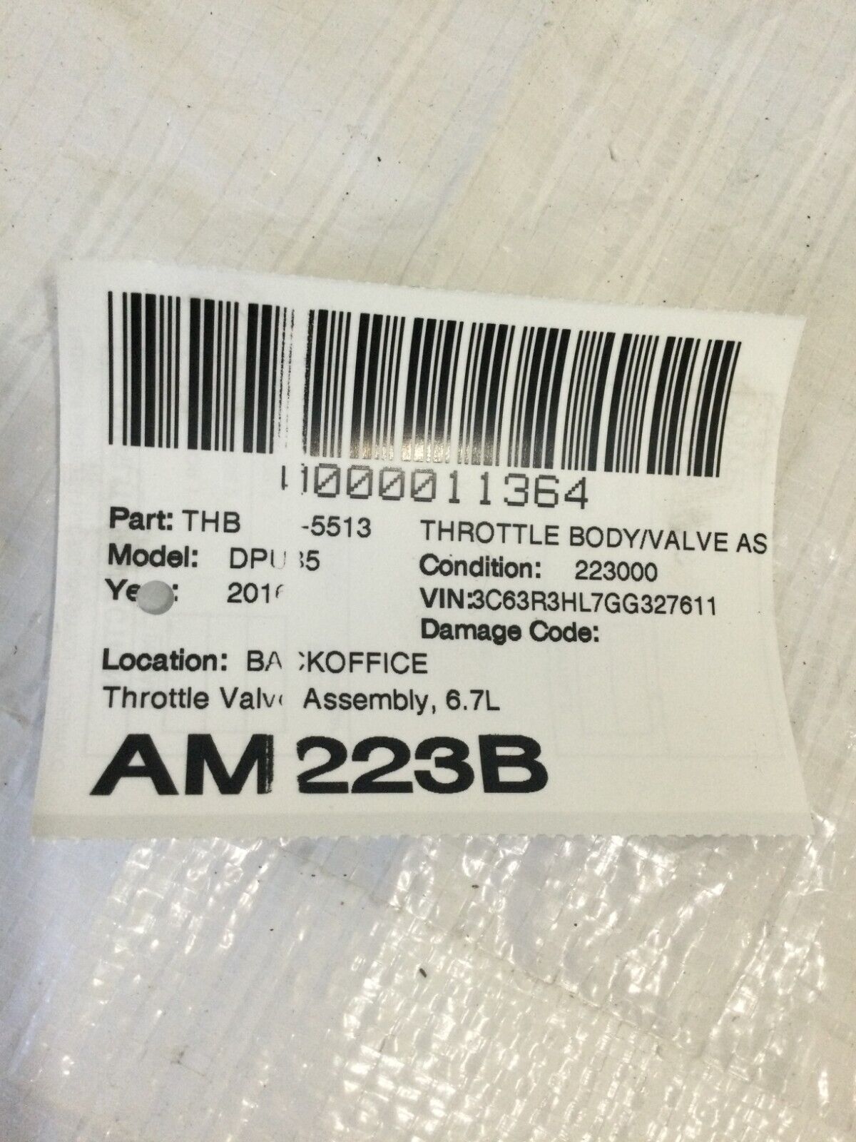 2016-2017 RAM 2500 3500 Throttle Body Valve Assembly 6.7L Diesel