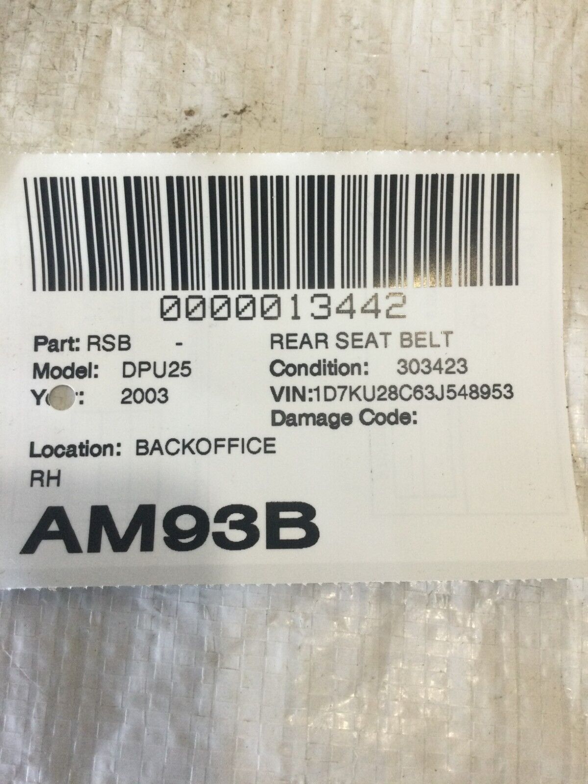 2003 Dodge Ram 2500  Rear Right Side Seat Belt  18927  OEM