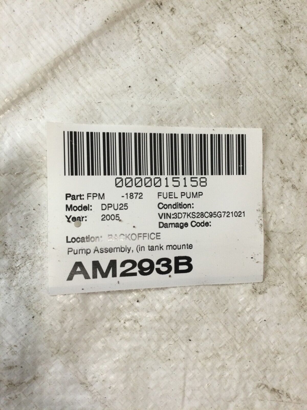2005 Dodge Ram 2500  Fuel Pump Assembly In Tank Mounted OEM