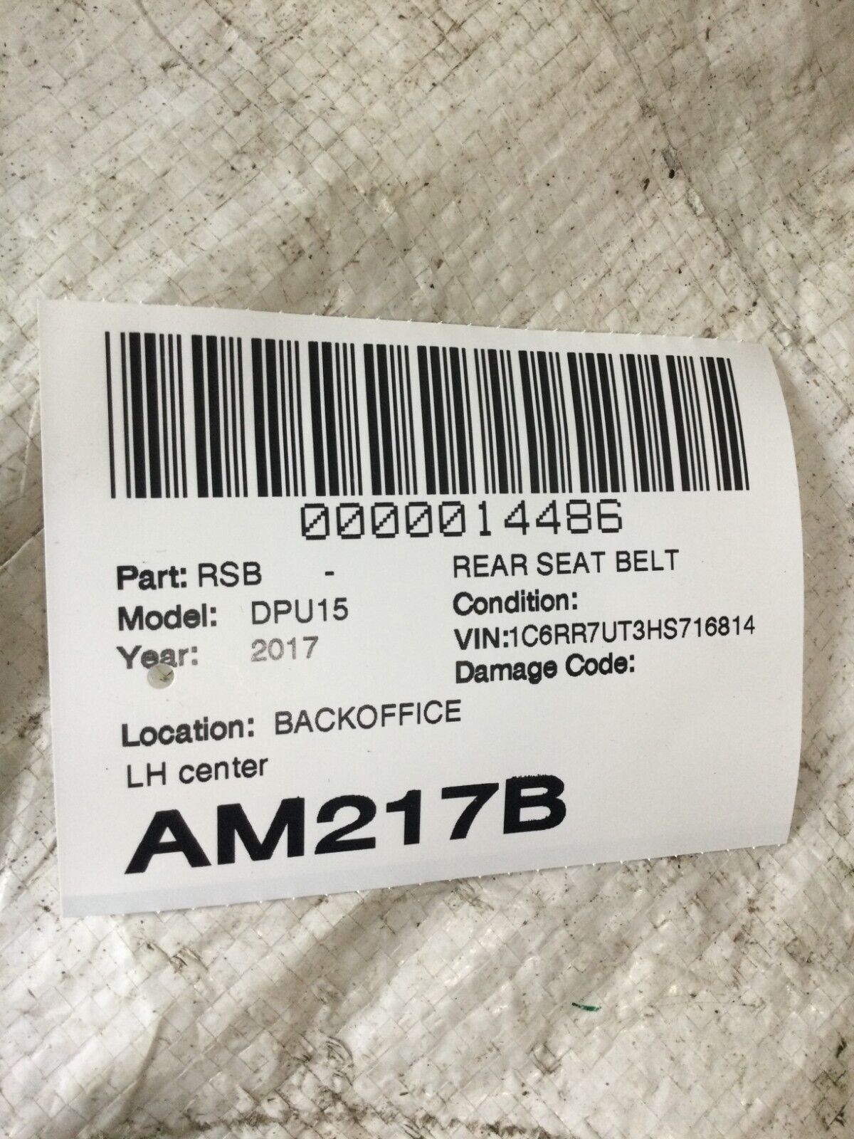 2017 Dodge Ram 1500 Rear Left Center Seat Belt OEM