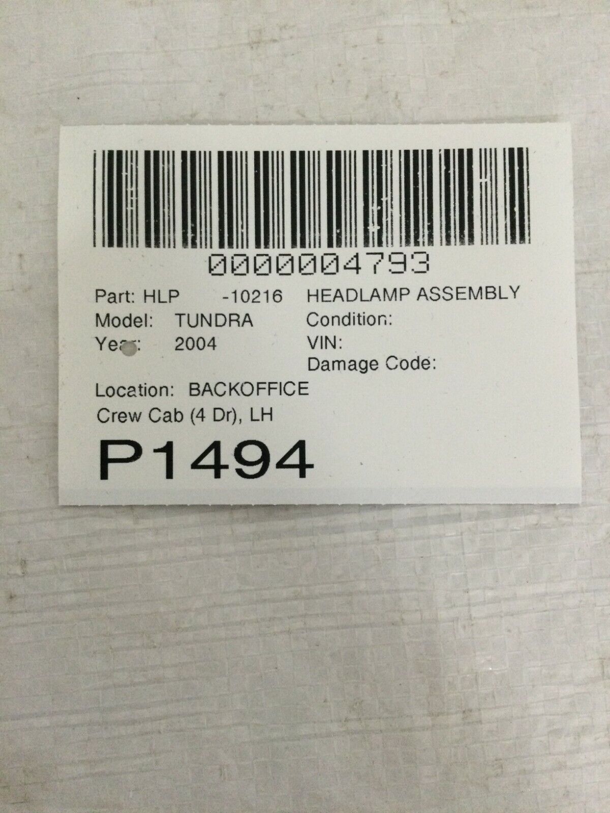 2004 Toyota Tundra 4DR Crew Cab Headlight Left Driver Side OEM LH