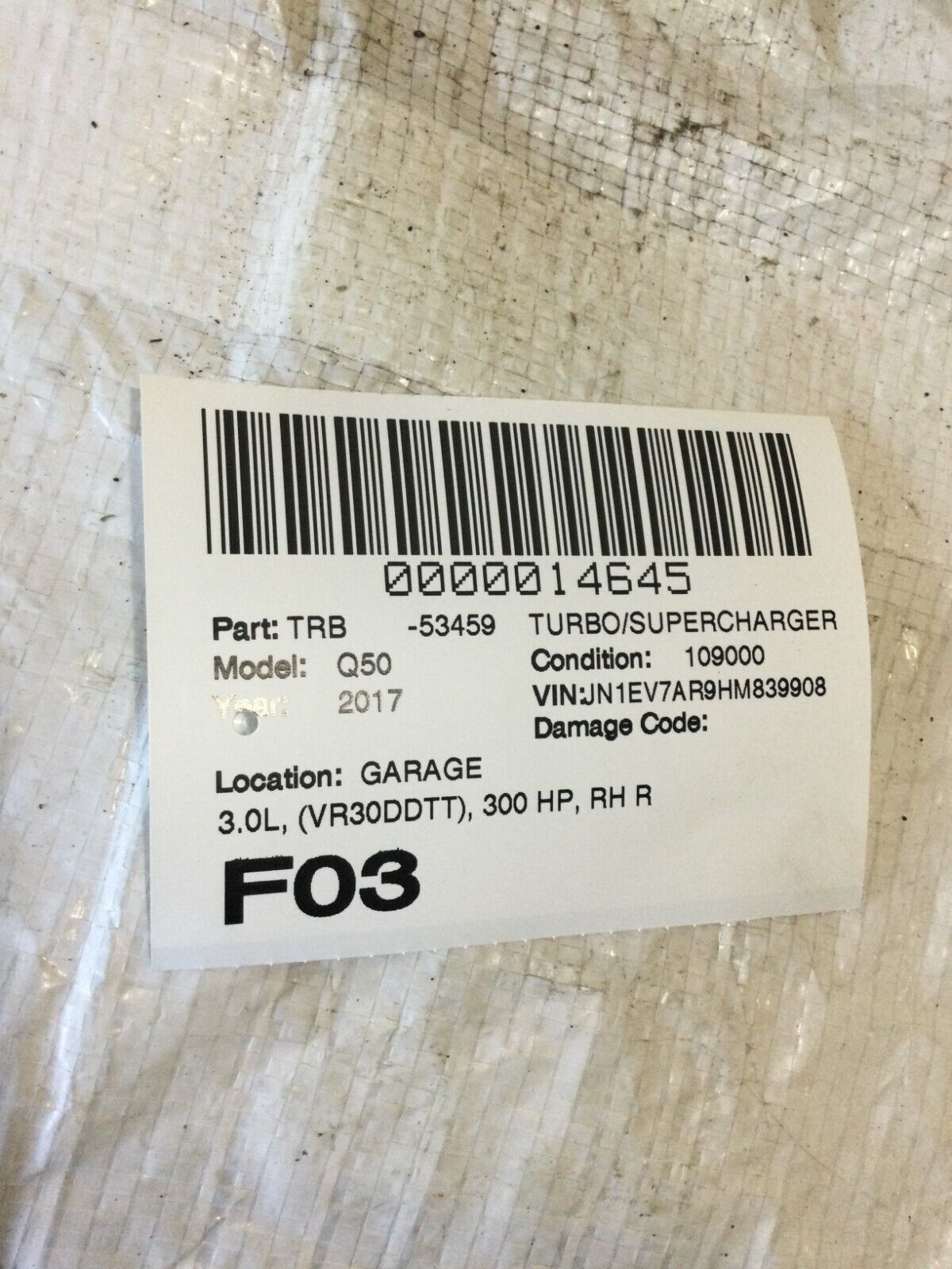 2017 Infiniti Q50 Turbo Supercharger 3.0L OEM Right