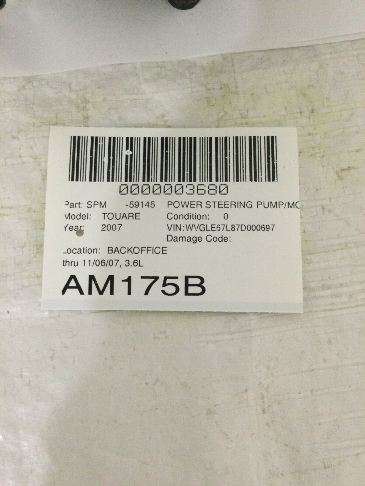 2007 Volkswagen Touarag Power Steering Pump OEM 3.6L 070145256E