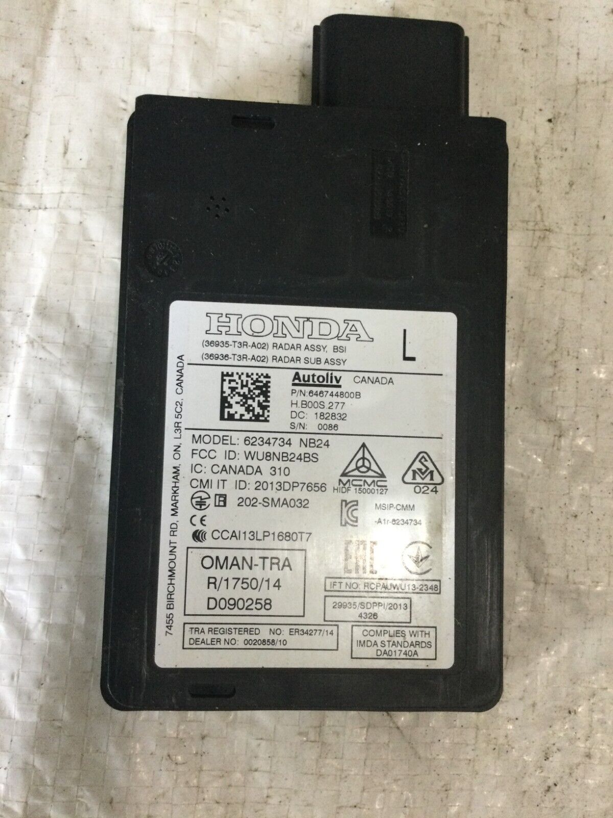 2019-2022 Acura ILX Driver Side Blind Spot Radar Sensor 36935-T3R-A02 OEM