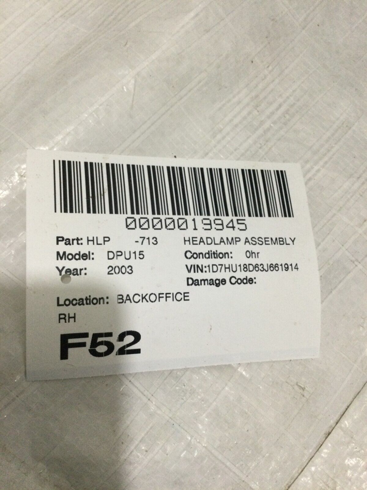 2003-2005 Dodge Ram 1500 Headlight Right Passenger Side RH OEM 55077121AE