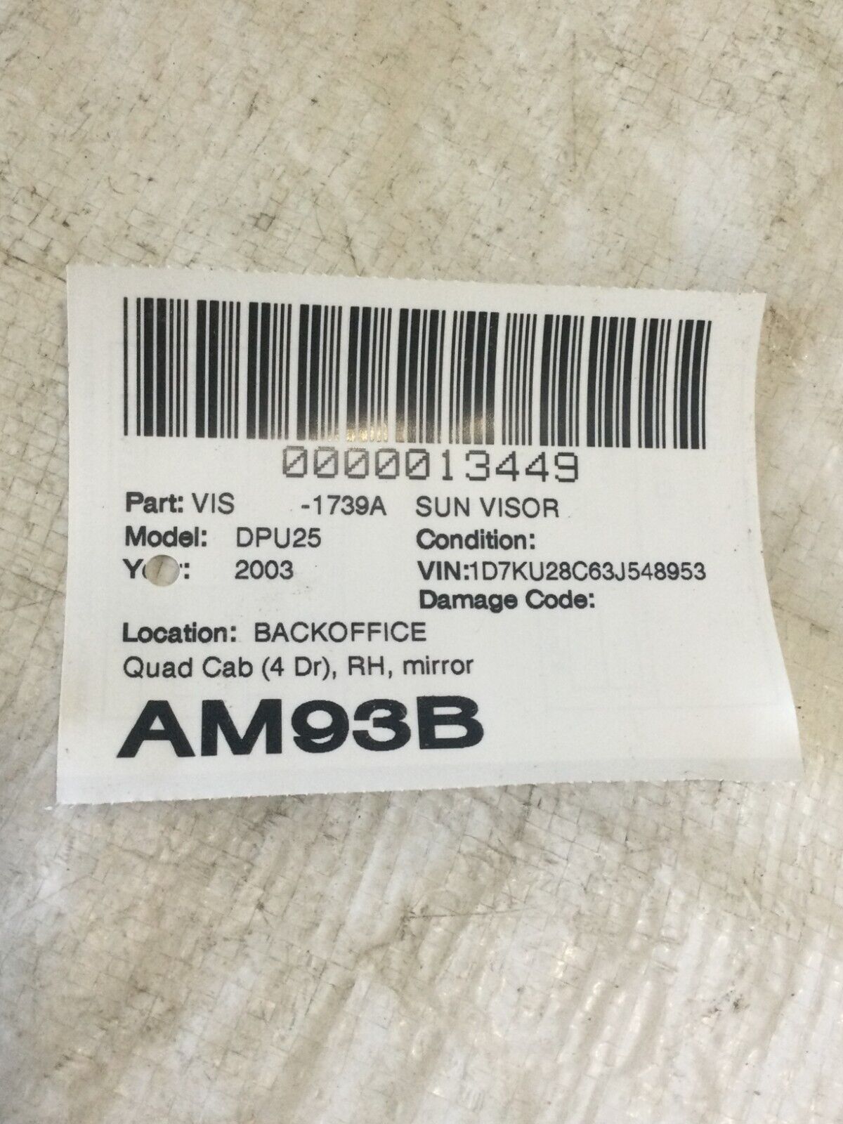 2003-2006 Dodge Ram 2500 Right Passenger Sun Visor RH OEM