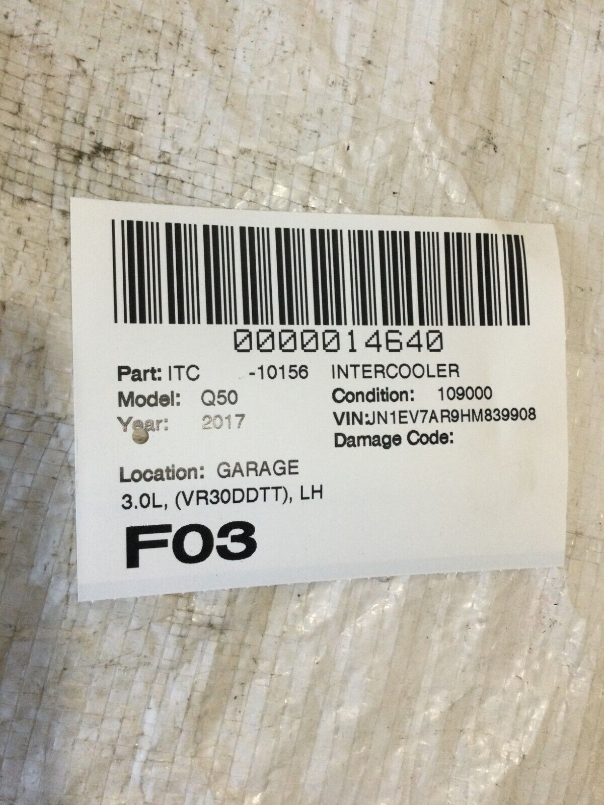 2017 Infiniti Q50 Left  Driver Side Intake Intercooler OEM
