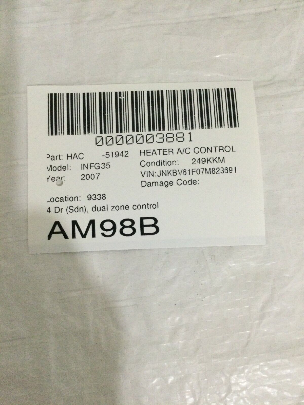 2007-2008 Infiniti G35 A/C Heater Climate Control Unit Face Plate OEM 25391JK600