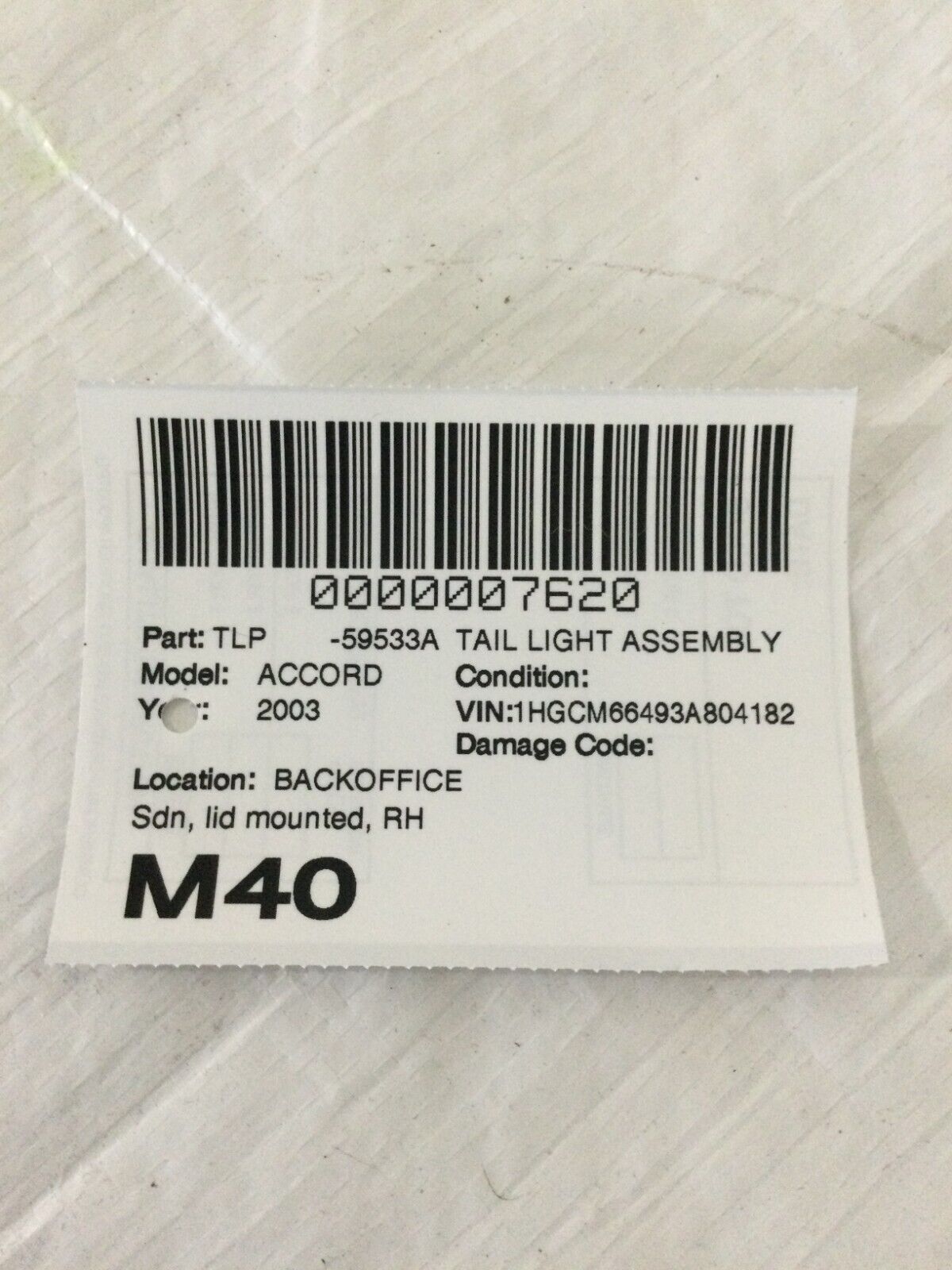 2003-2007 Honda Accord Sedan Lid Mounted Right Passenger Inner Tail Light OEM