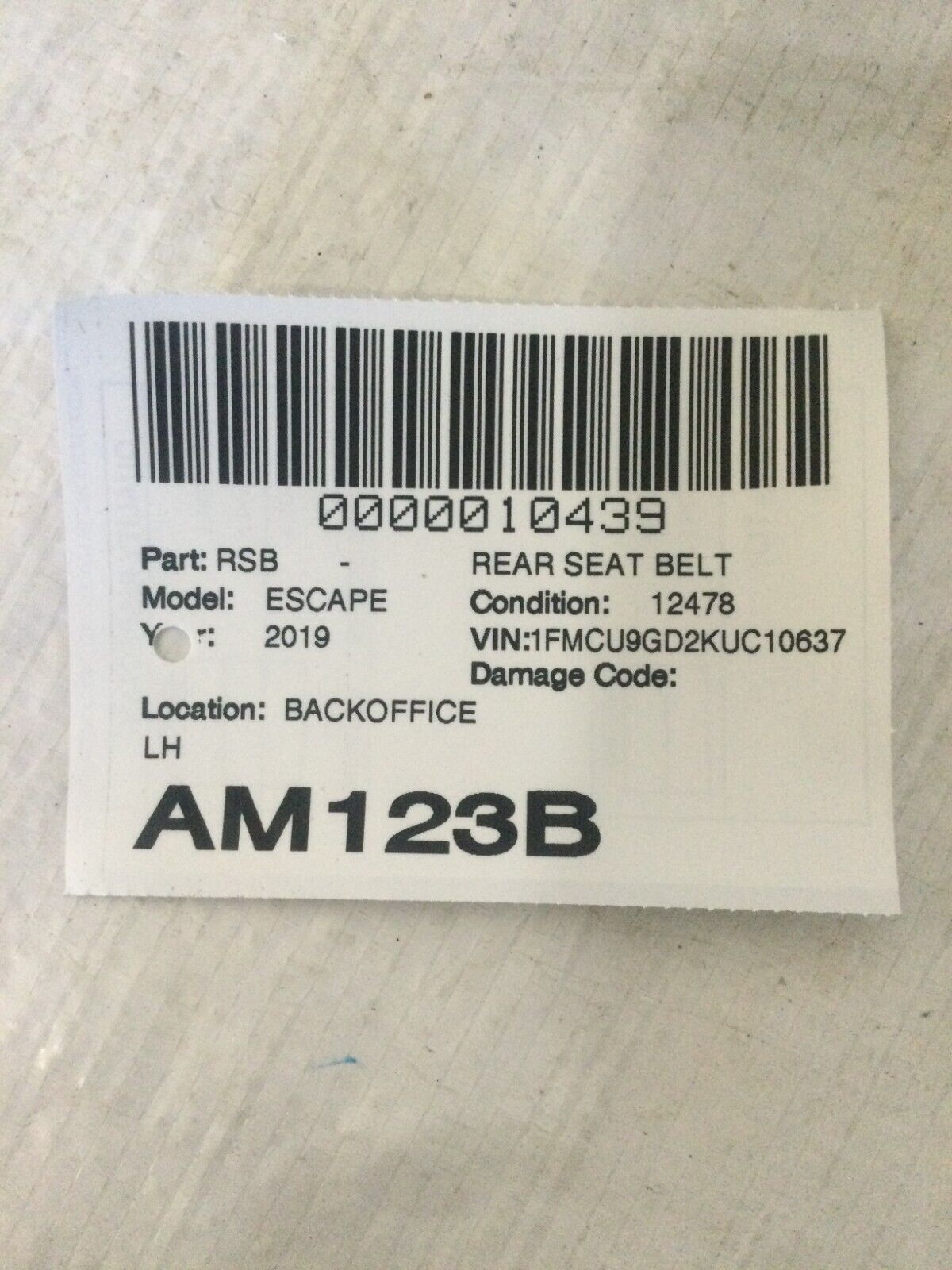 2017-2019 Ford Escape Rear Left Seat Belt OEM CJ5478611B69AM