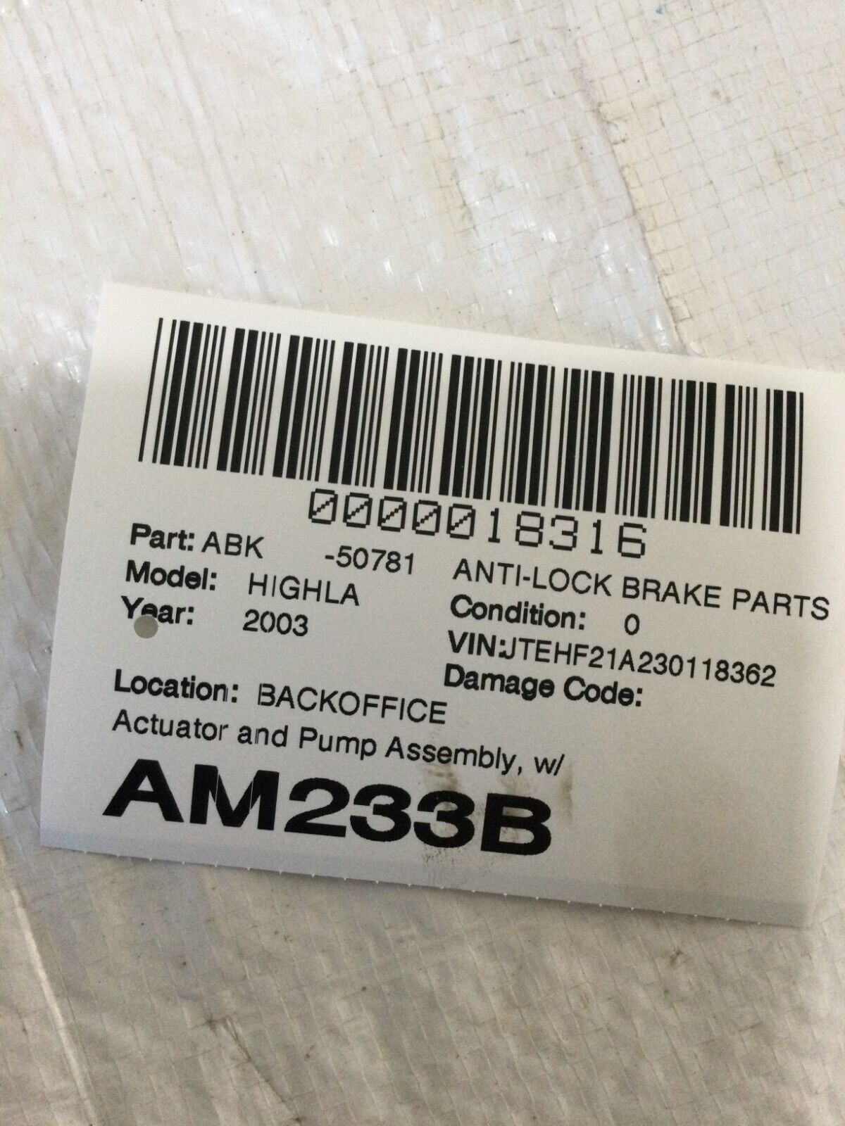 2003 Toyota Highlander Anti-lock Brake Parts  OEM