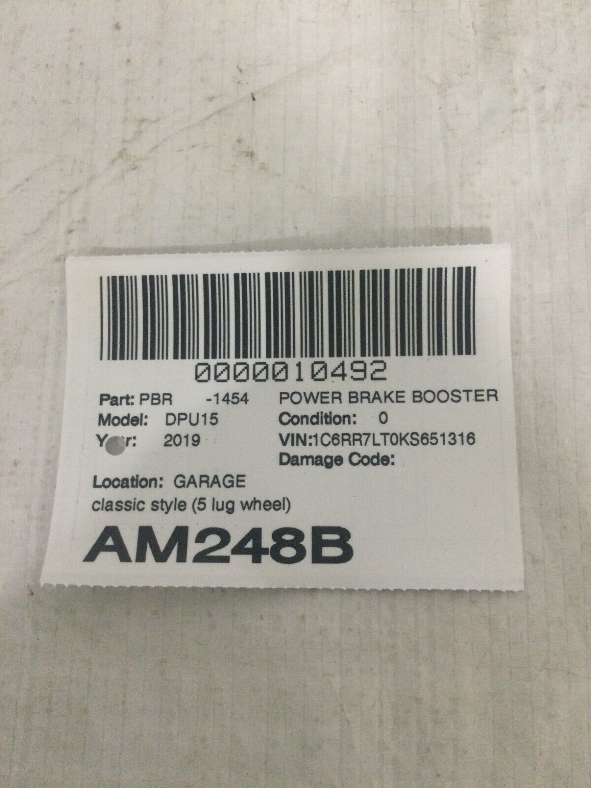 2019 Dodge Ram 1500 Power Brake Booster OEM 04581523AH