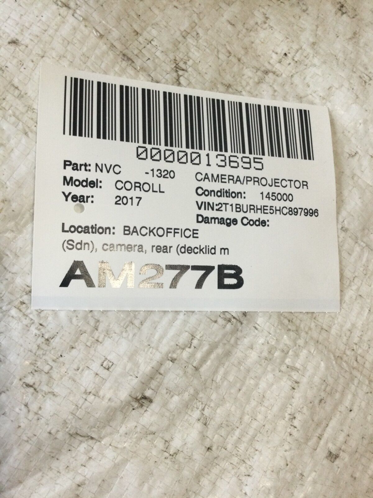 2017-2018 Toyota Corolla Rear Decklid Backup Camera OEM
