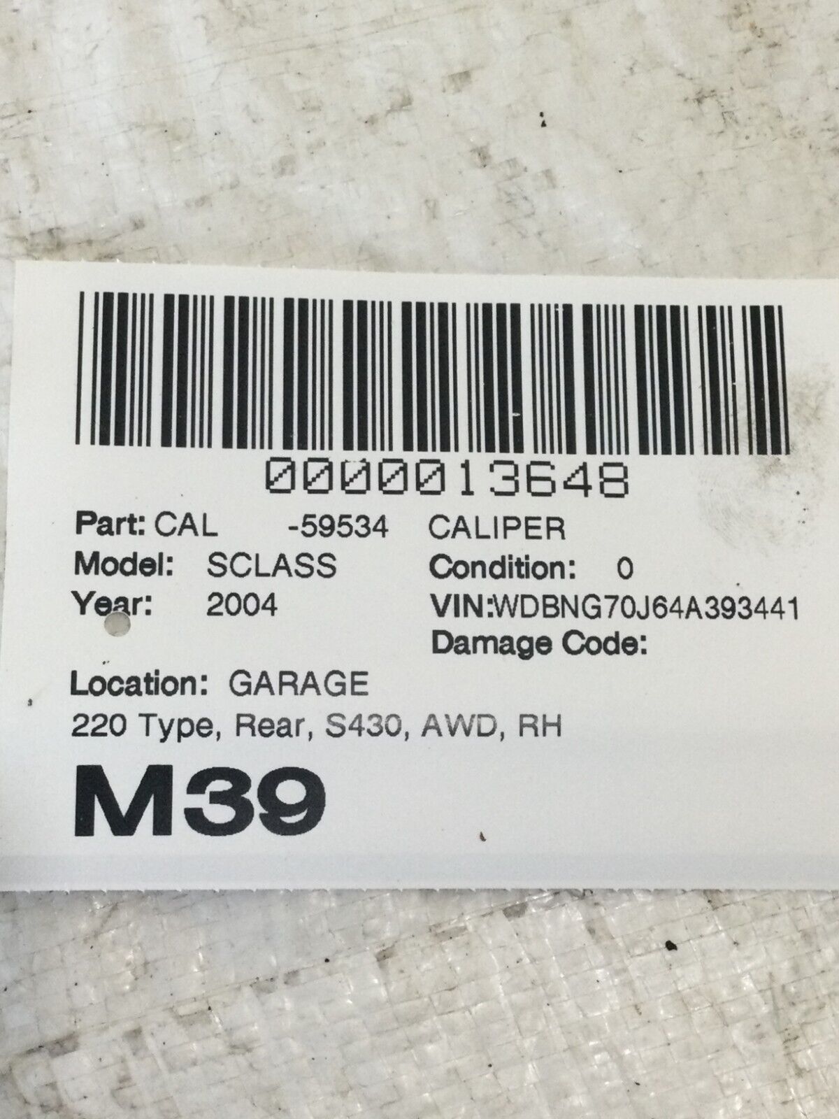 2004 Mercedes S430 Rear Right Brake Caliper OEM