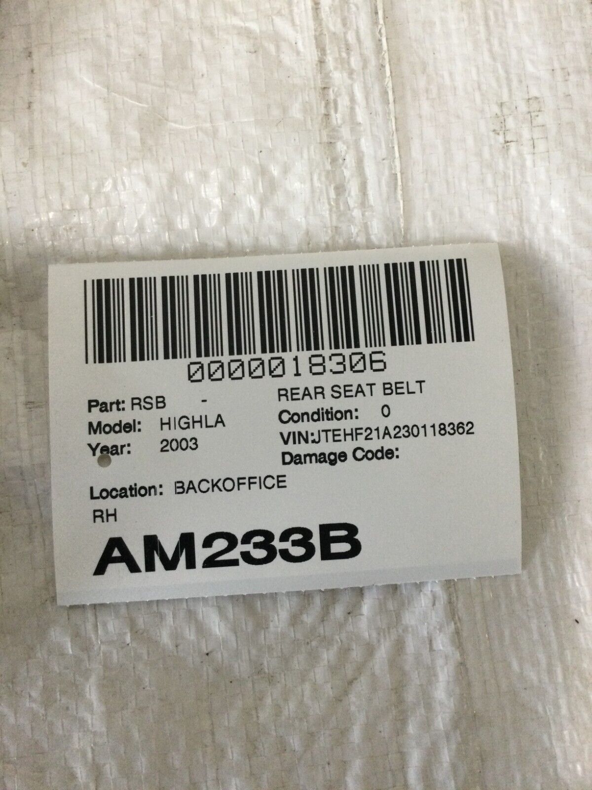 2003 Toyota Highlander Rear Right Passenger Side Seat Belt OEM