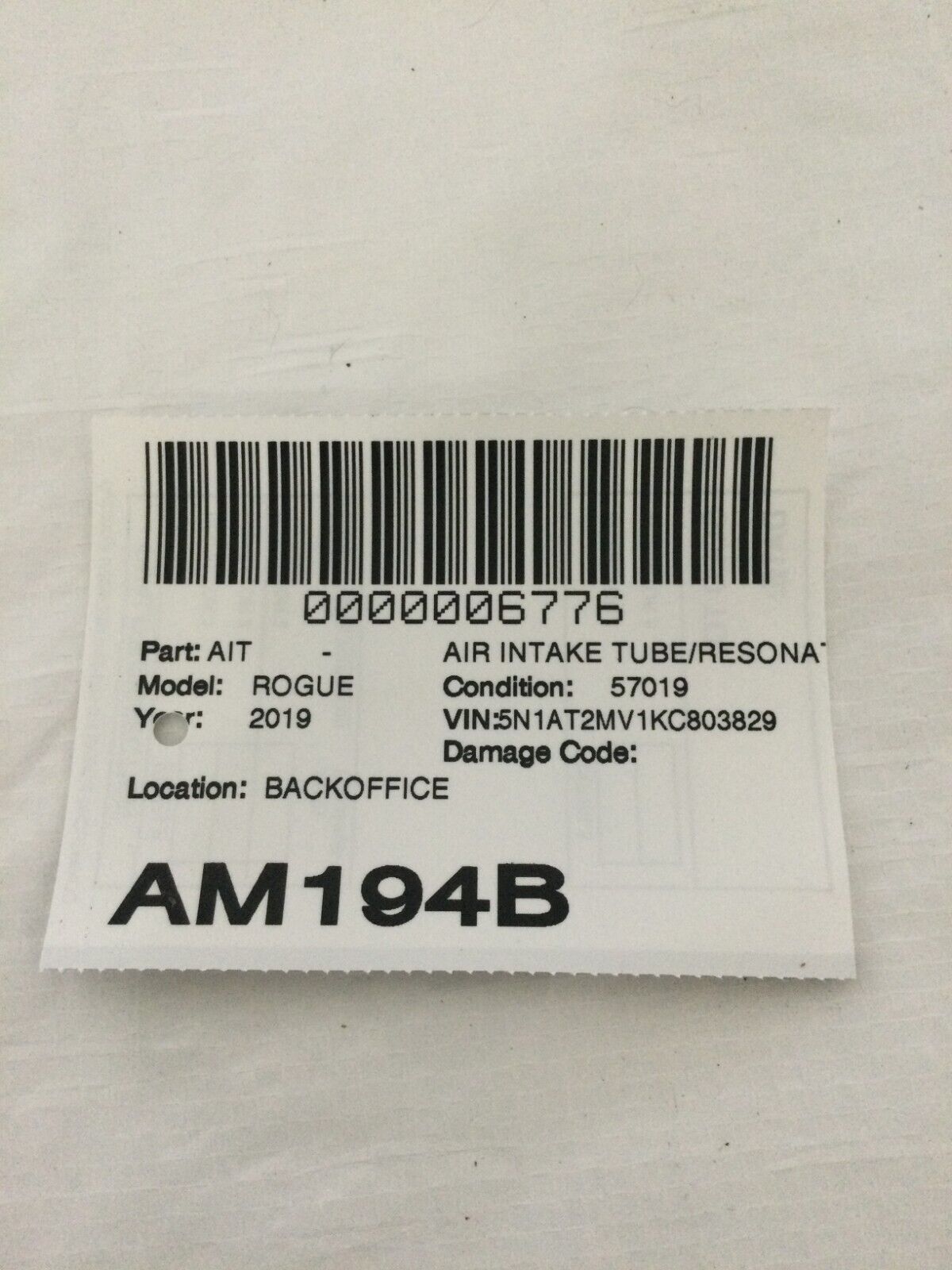 2019 Nissan Rogue 2.5L Air Intake Tube Duct OEM