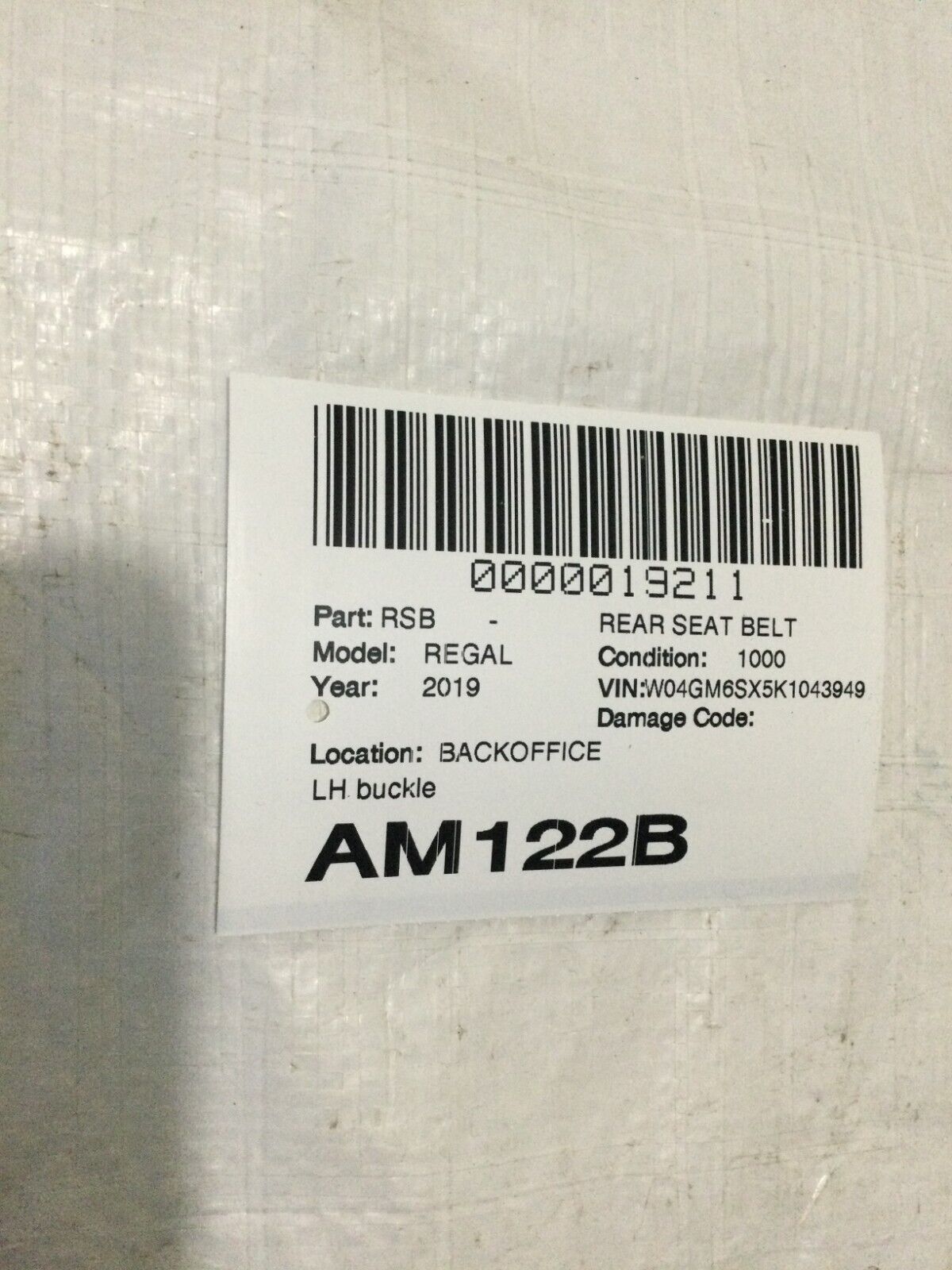 2018-2020 Buick Regal Rear Left Seat Belt Buckle OEM