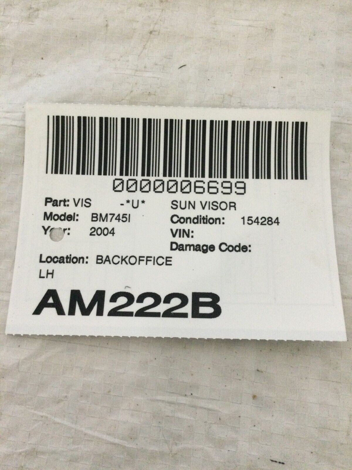 2004-2005 BMW 745i 745LI E65 E66 Driver Sun Visor Sunvisor Gray W/ Mirror OEM LH