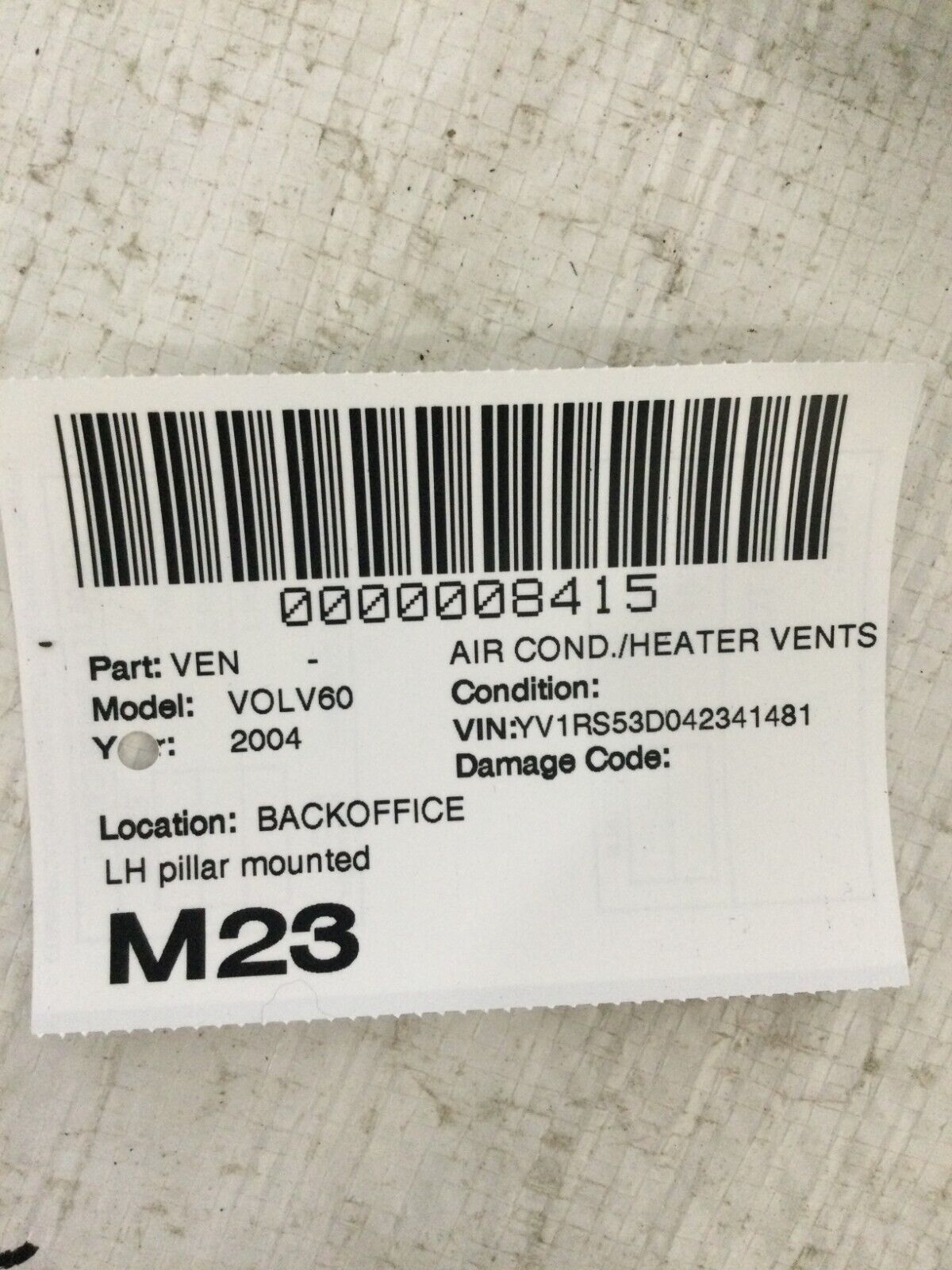 2004 Volvo S60 Left Driver B Pillar AC Heater Air Vent Nozzle Duct 9158448 OEM