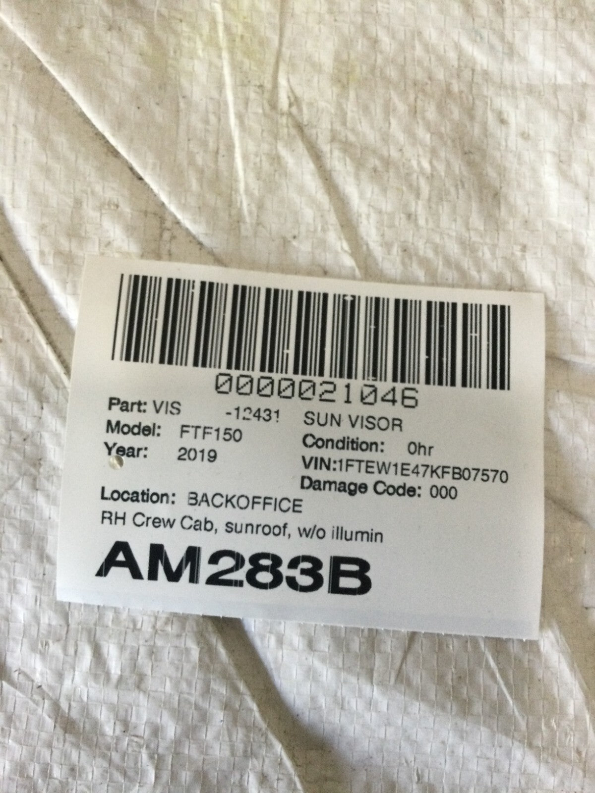 2019 Ford F-150 F150 Right Crew Cab Sunvisor Black OEM Right