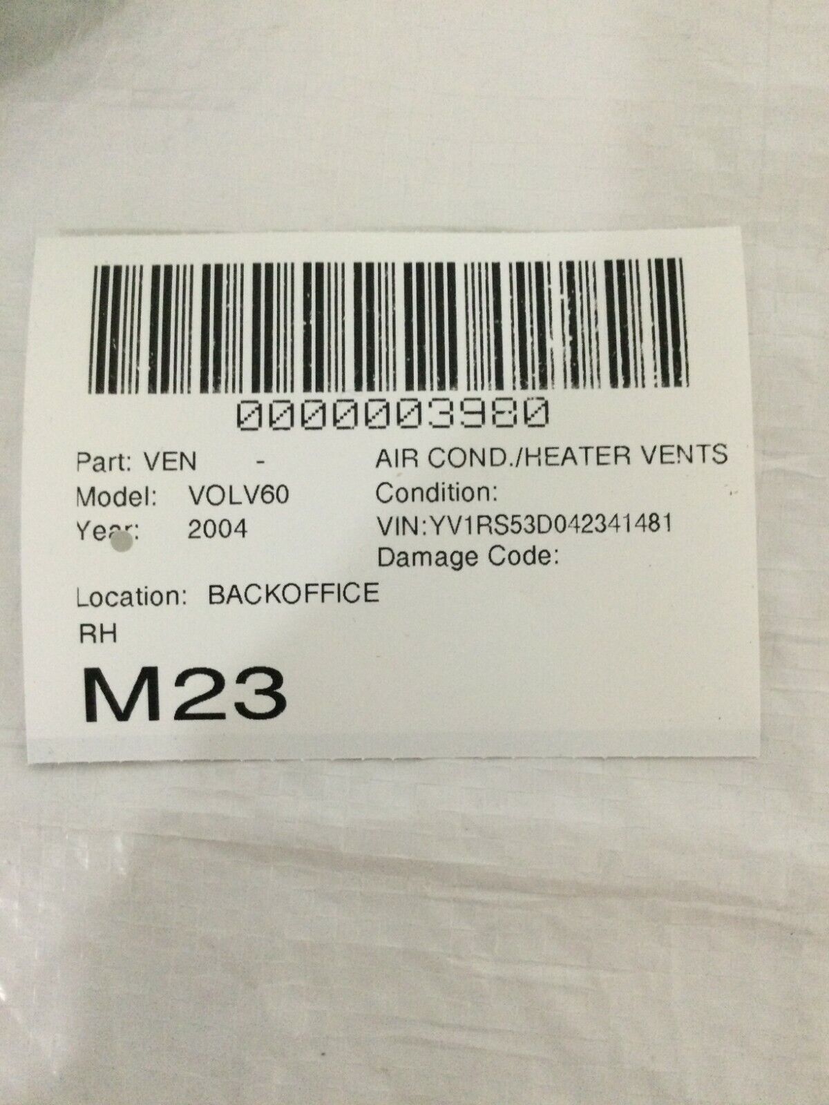 2004 Volvo S60 Right Passenger Dash Air Vent OEM 3409375