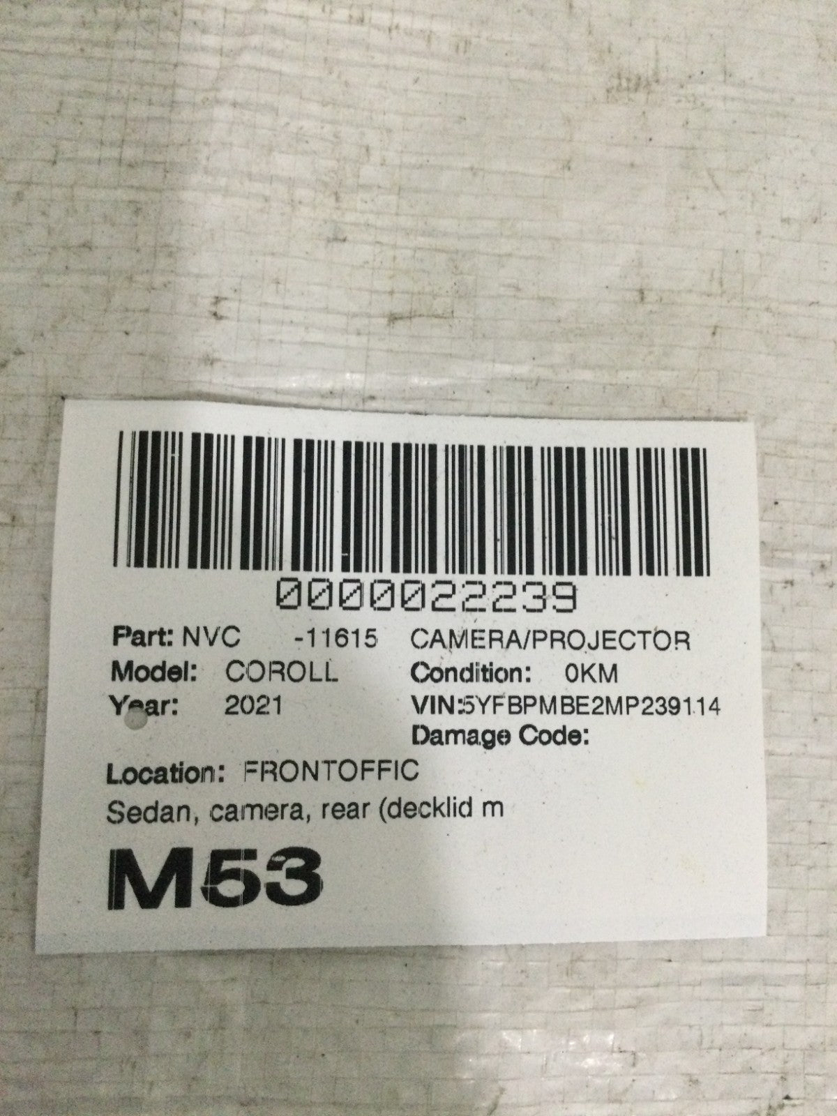 2021 Toyota Corolla Deck Lid Gate Rear View Camera OEM