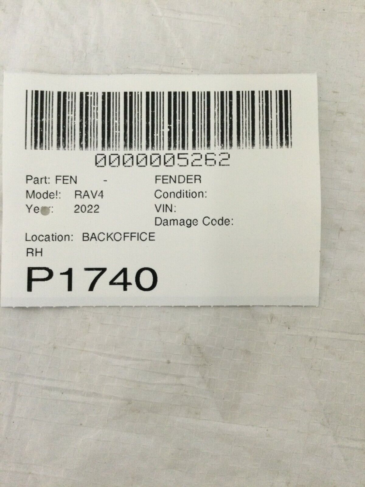 2019-2021 Toyota RAV-4 Right Passenger Side Front Fender Panel  538010R130 OEM