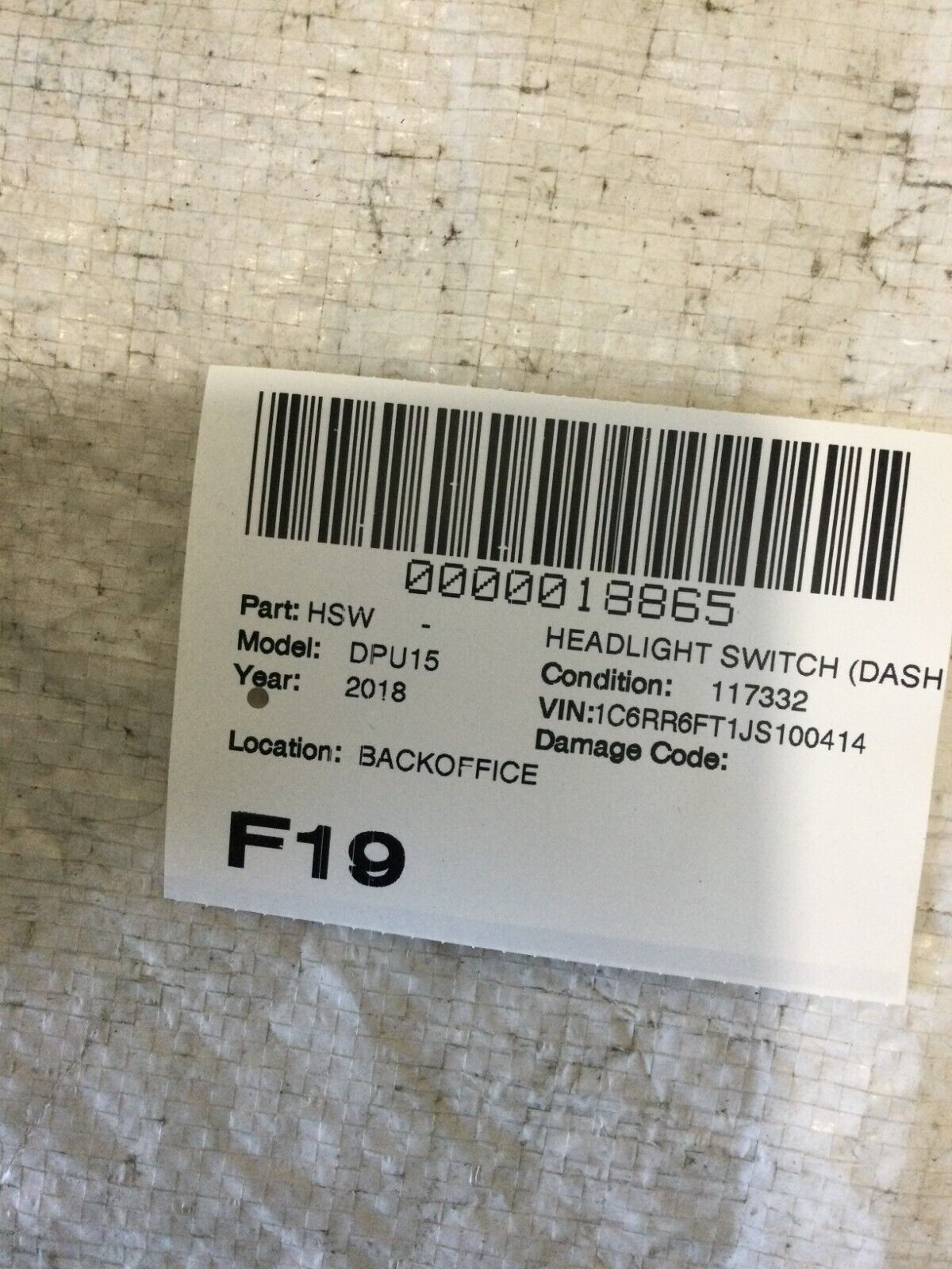 2018 RAM 1500  Dash Head Light Switch  68269910AA OEM