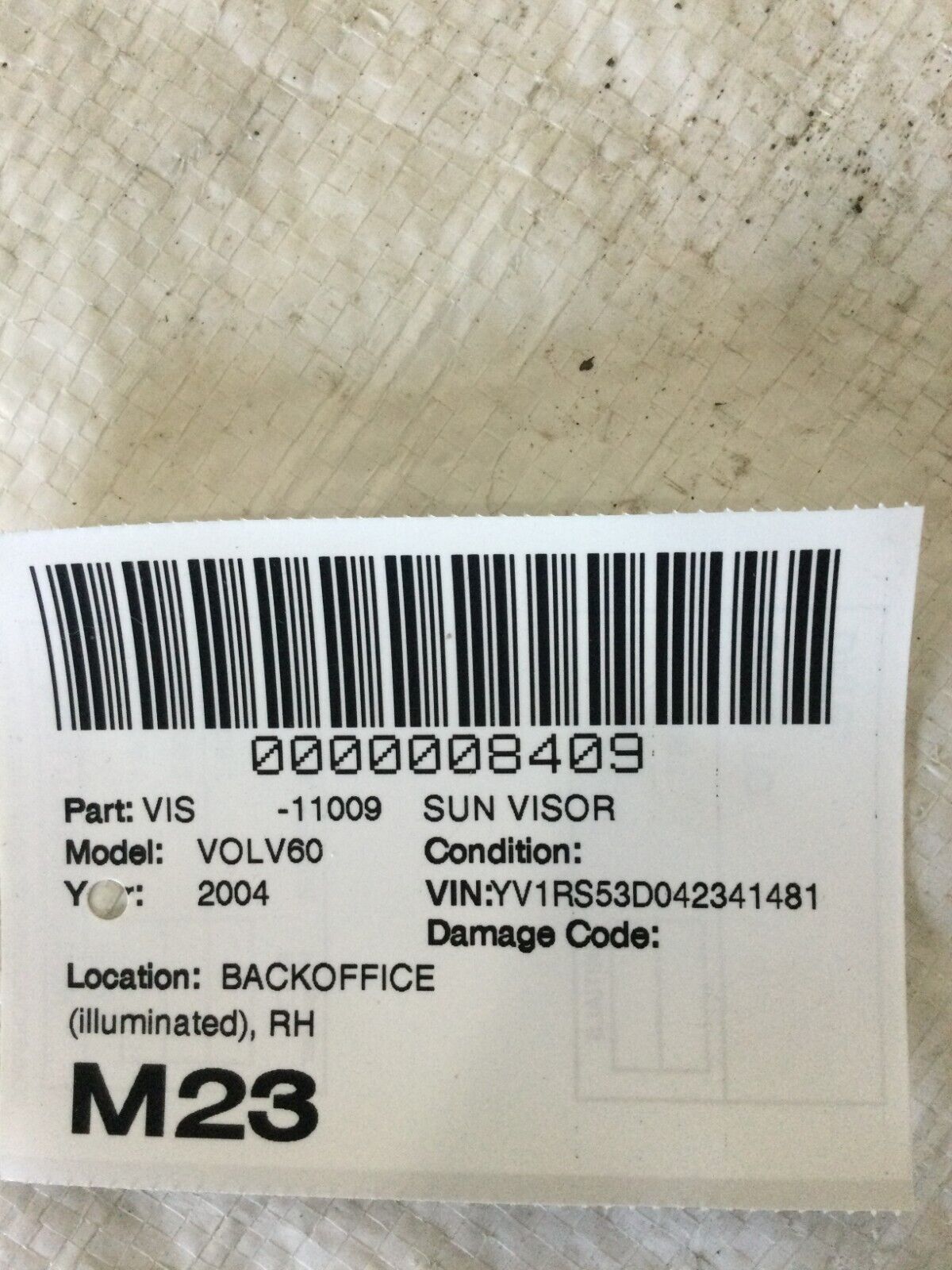 2004 Volvo S60 Sun Visor Right Illuminated Passenger Side OEM