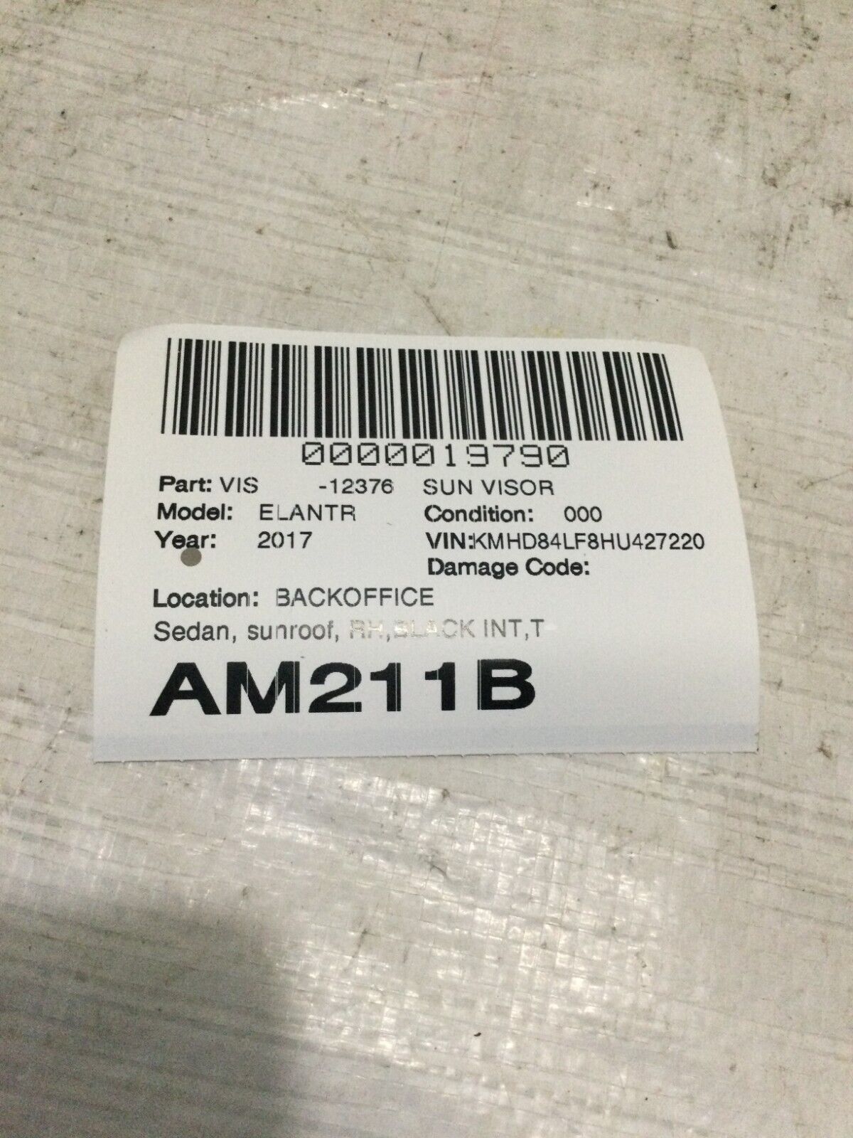 2017-2019 Hyundai Elantra SunVisor Right Passenger Side OEM RH