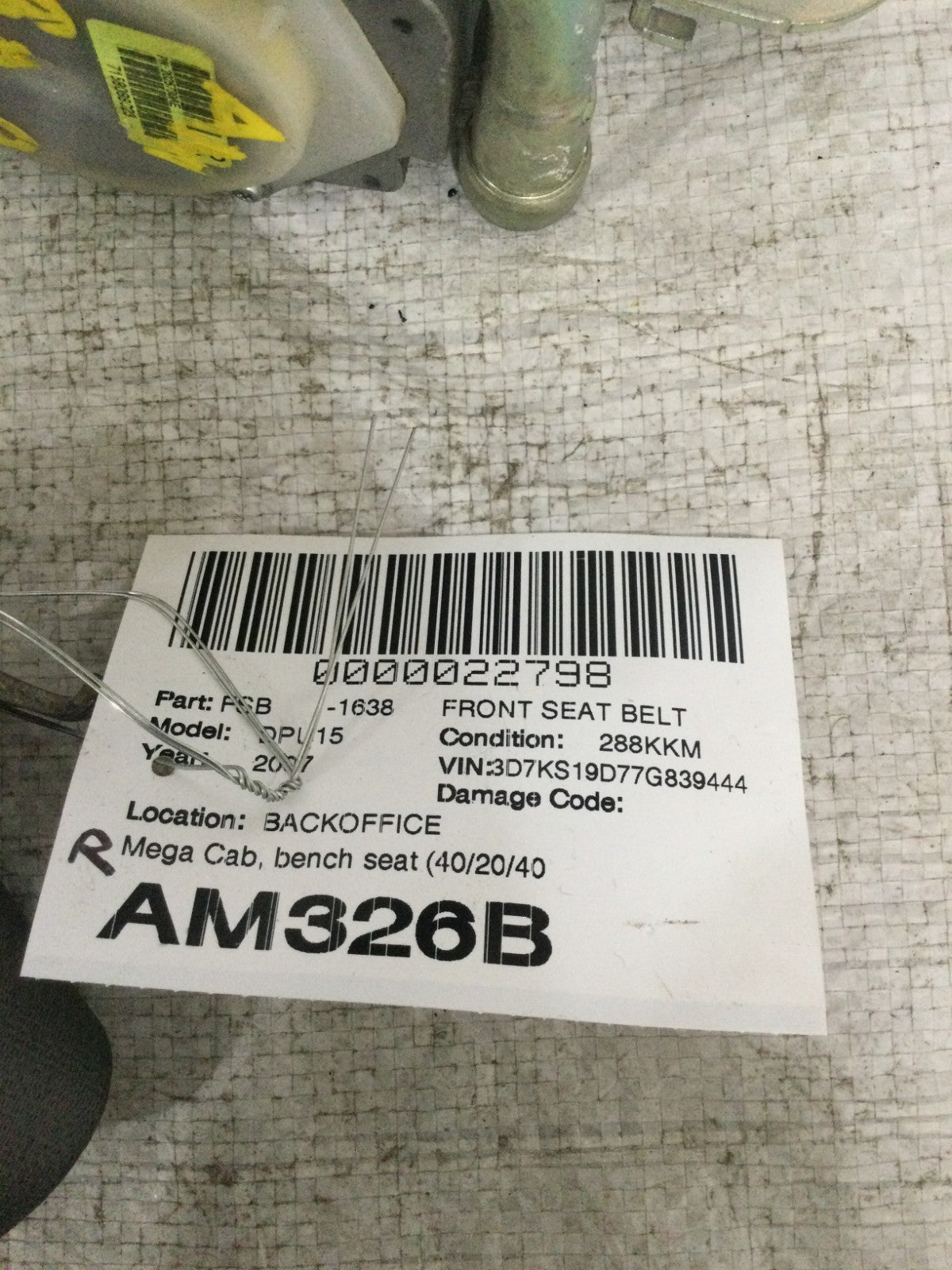 2007 Dodge Ram 1500 Front Right Seat Belt OEM