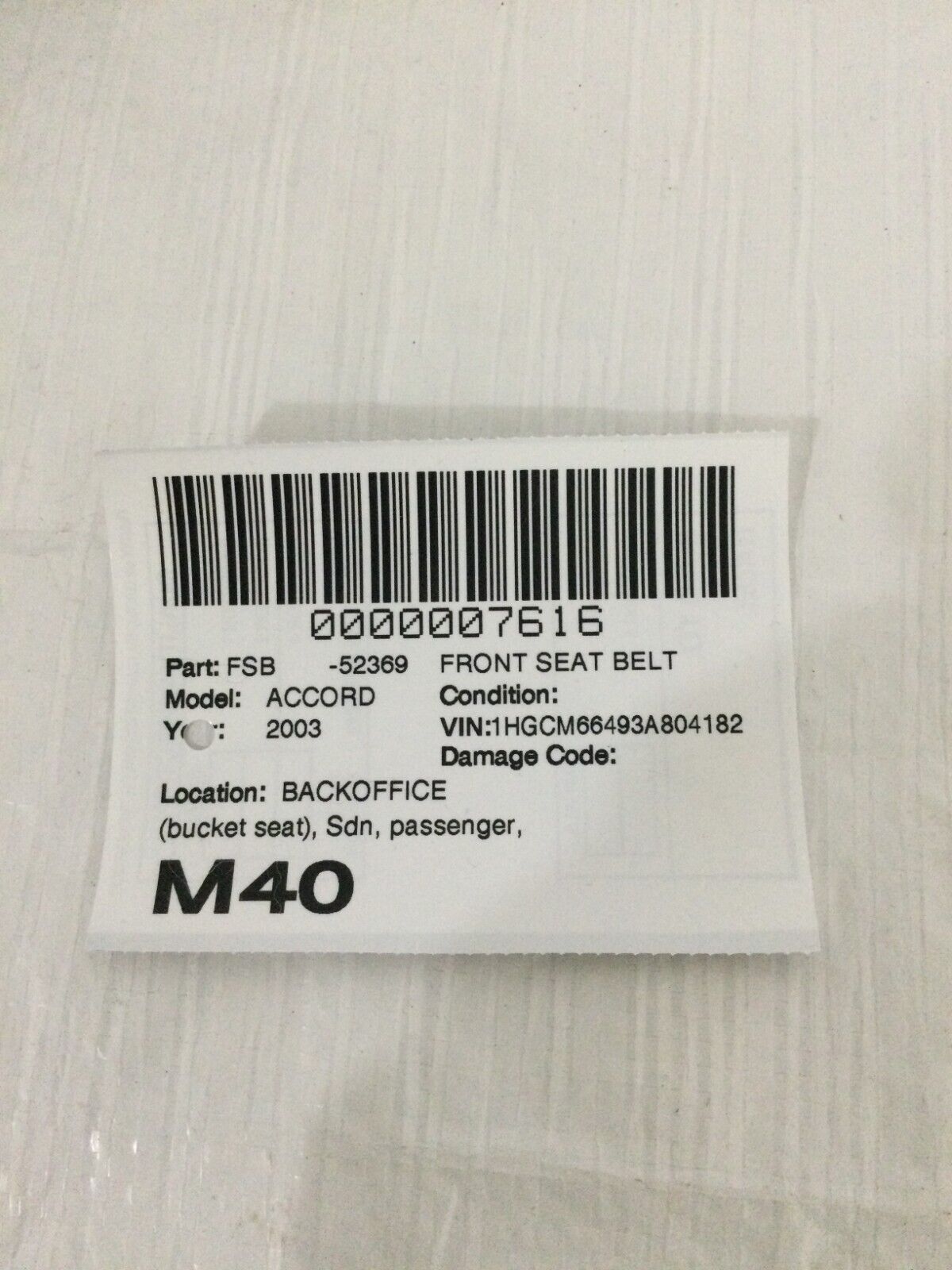 2003 Honda Accord Front Right Passenger Seat Belt OEM