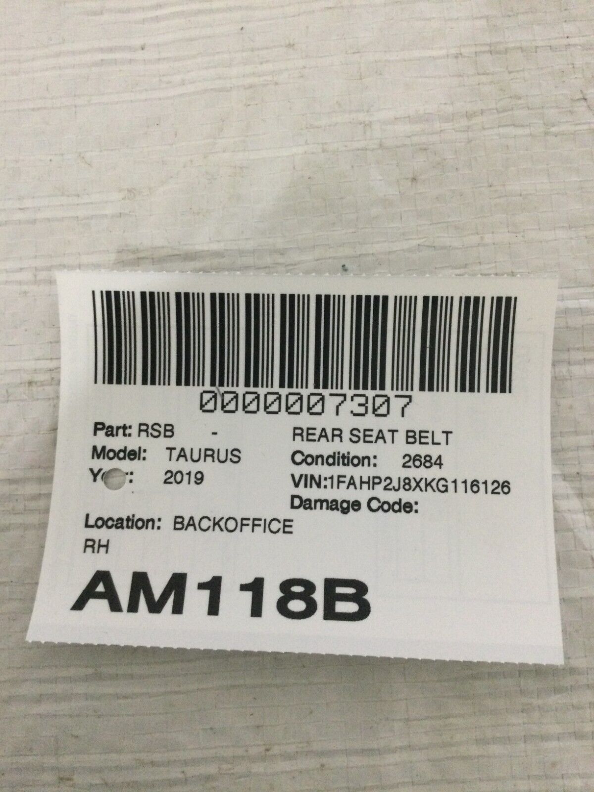 2019 Ford Taurus Rear Right Seat Belt OEM RH