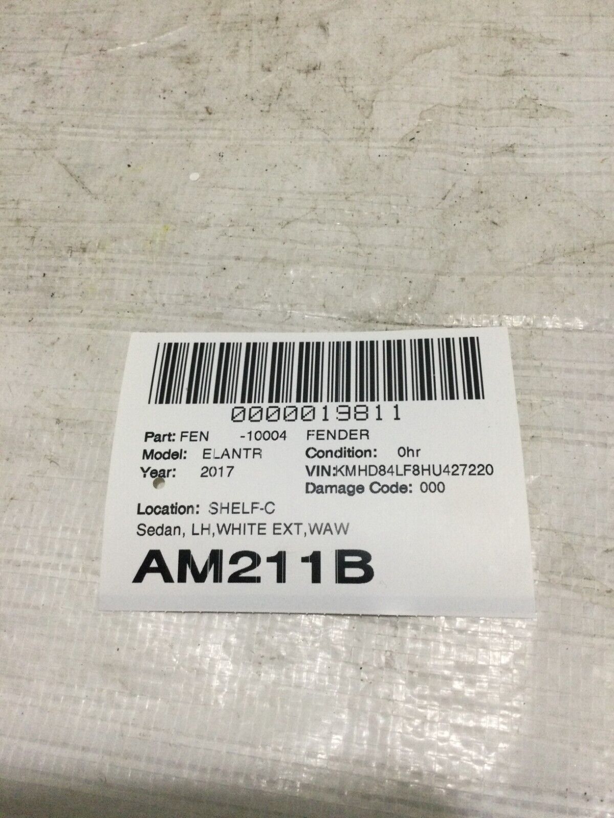 2017-2019 Hyundai Elantra Sedan Front Left Fender Assembly White OEM