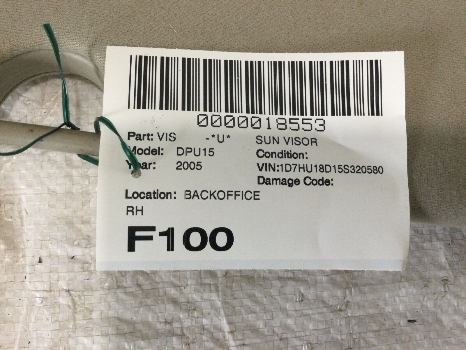 2002-2008 Dodge Ram Right Sun Visor OEM Passenger Shade W/ Lighted Mirror