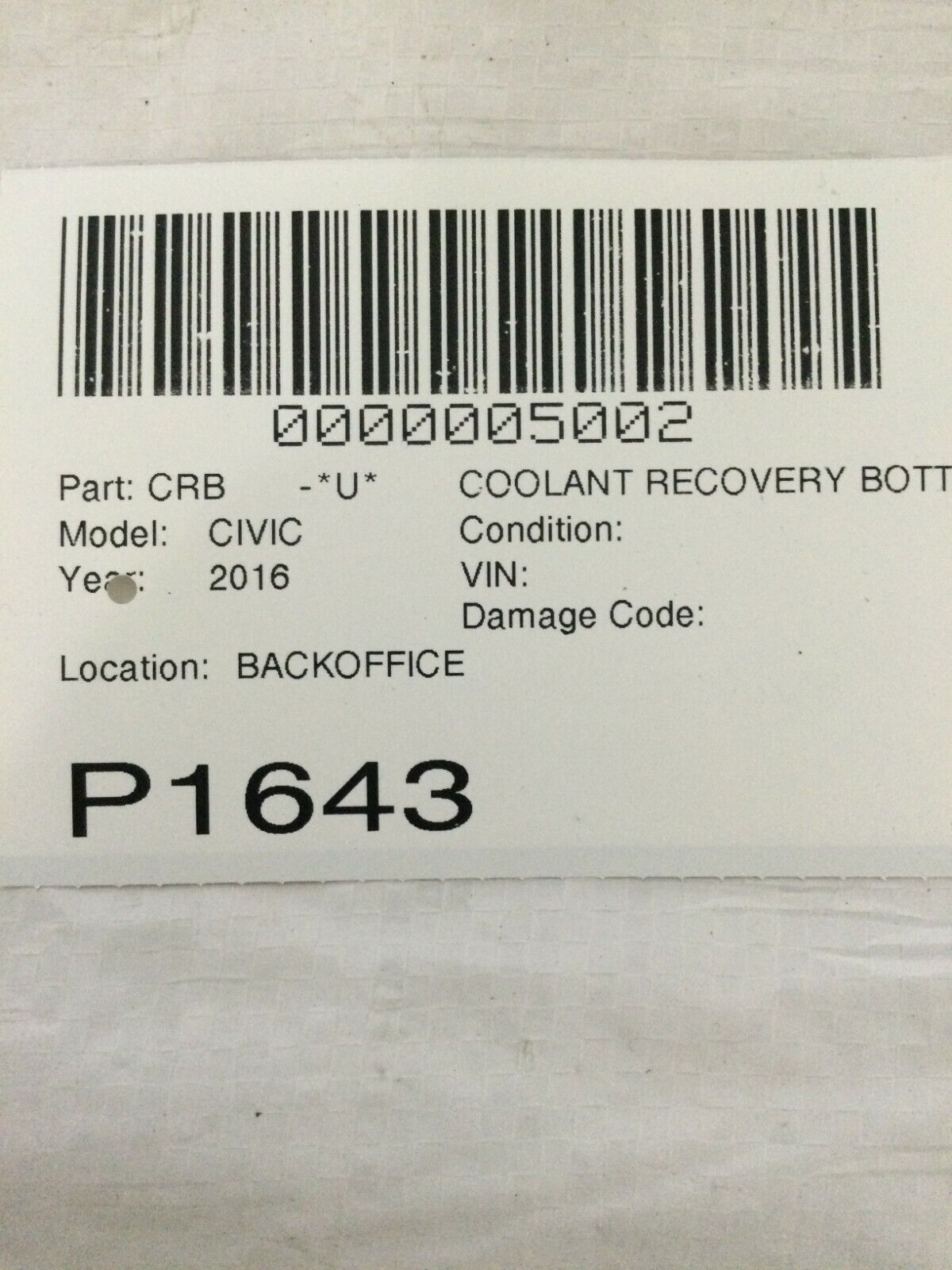2016-2019 Honda Civic Coolant Recovery Reservoir Bottle OEM 