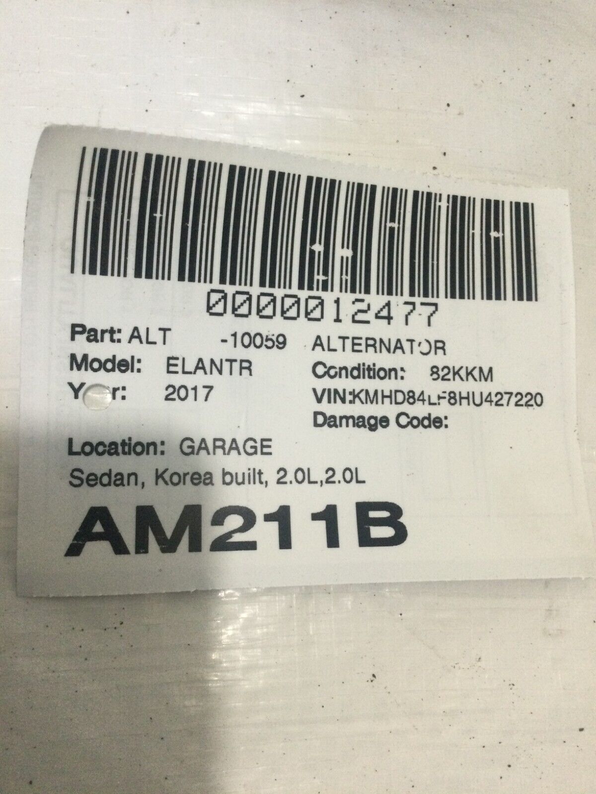 2017 Hyundai Elantra Alternator Motor OEM 2627727