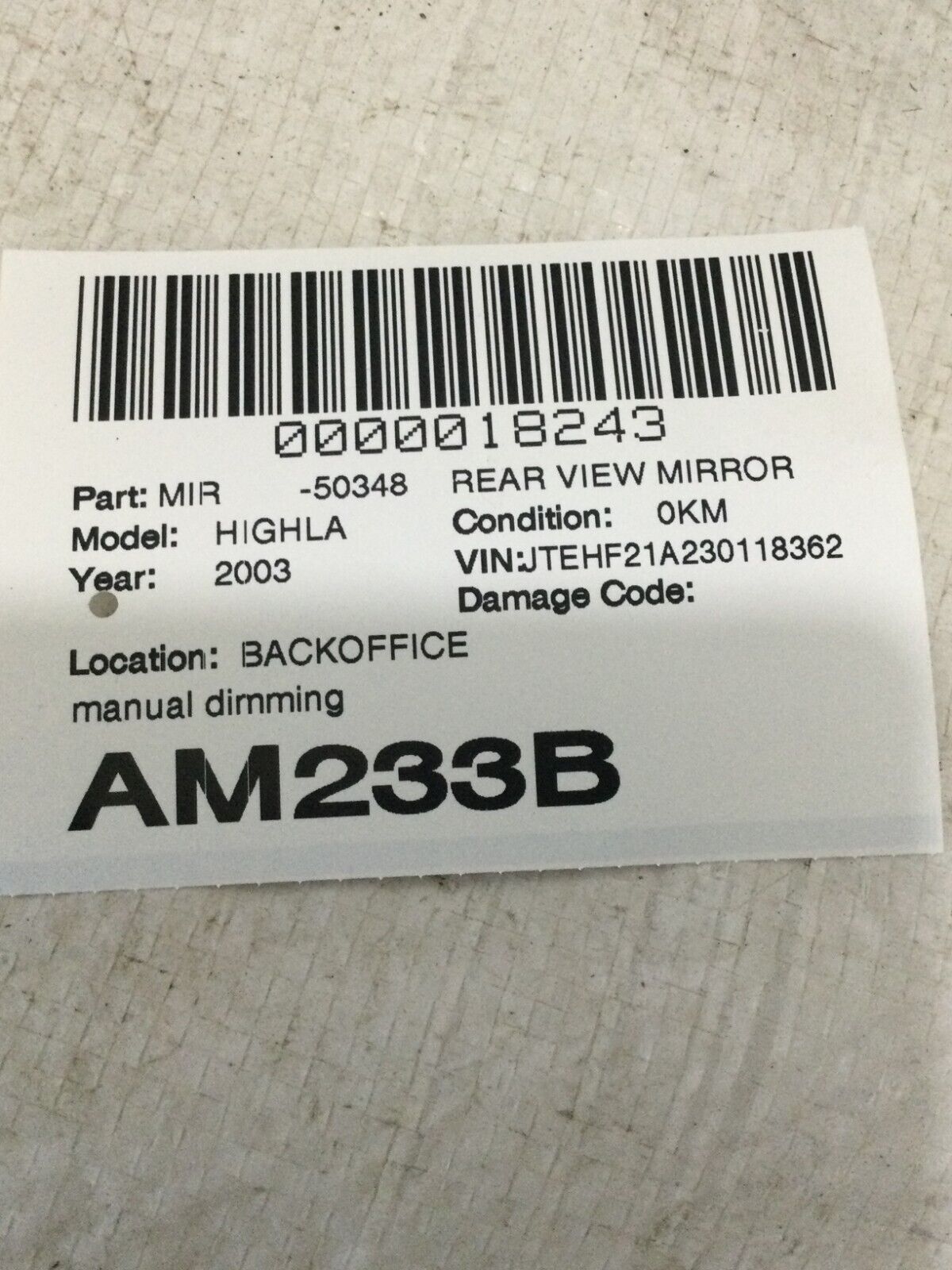 2003 Toyota Highlander  Manual Dim Interior Rear View Mirror OEM