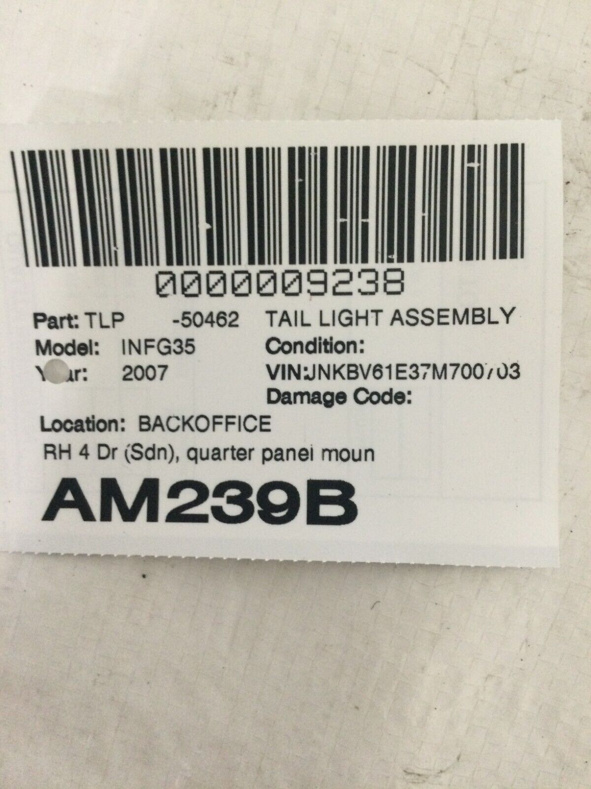 2007 Infiniti G35 Tail Light Rear Right OEM