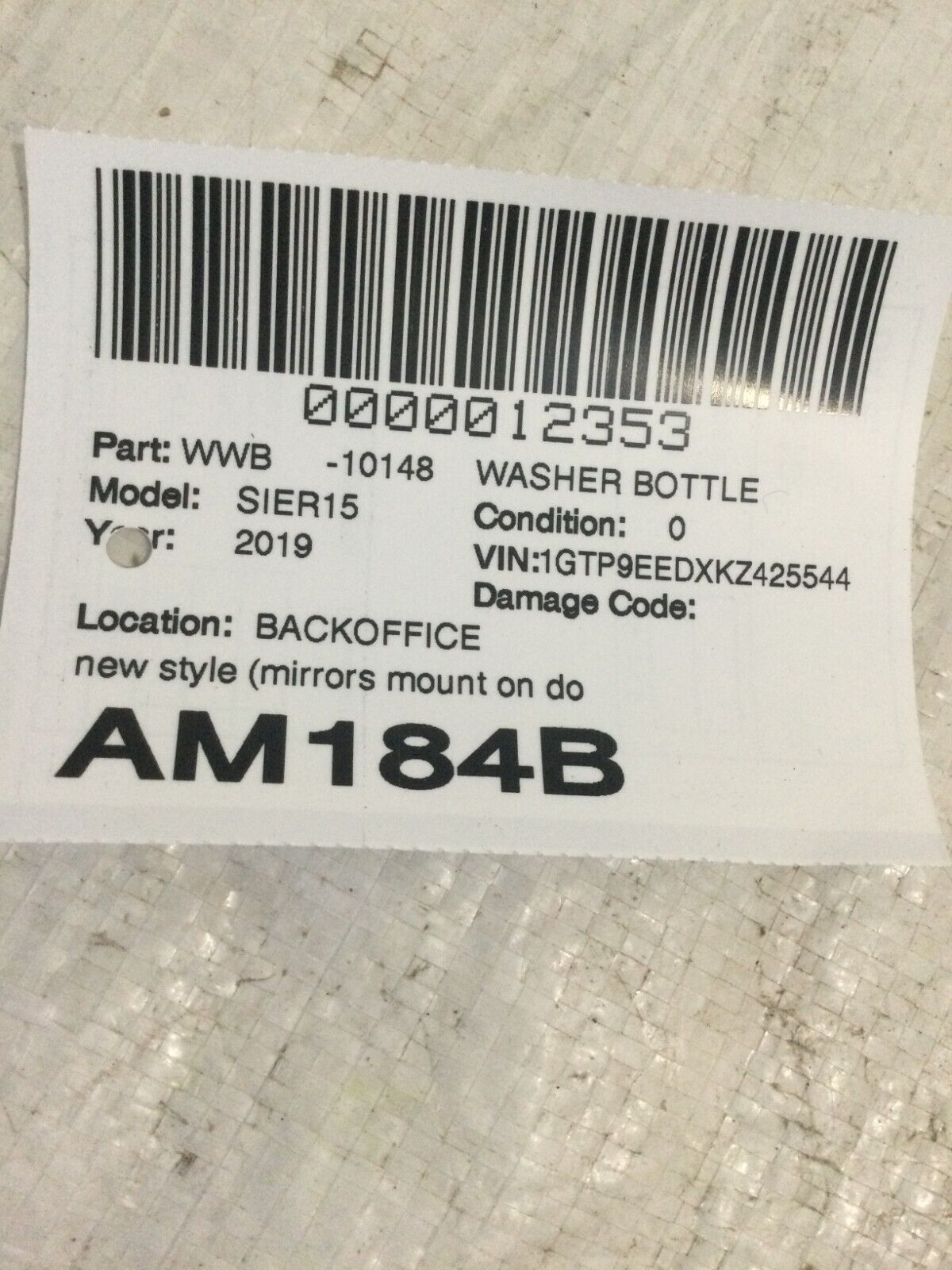 2019-2022 GMC Sierra 1500 Windshield Washer Flood Reservoir Bottle 84458191 OEM